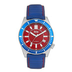 Reign Francis Jewels Seiko Automatic Movement Sapphire-Coated Mineral Crystal Blue Rotating Bezel Red Dial With Date 10 ATM Water Resistance Watch With Blue Genuine Leather Strap
