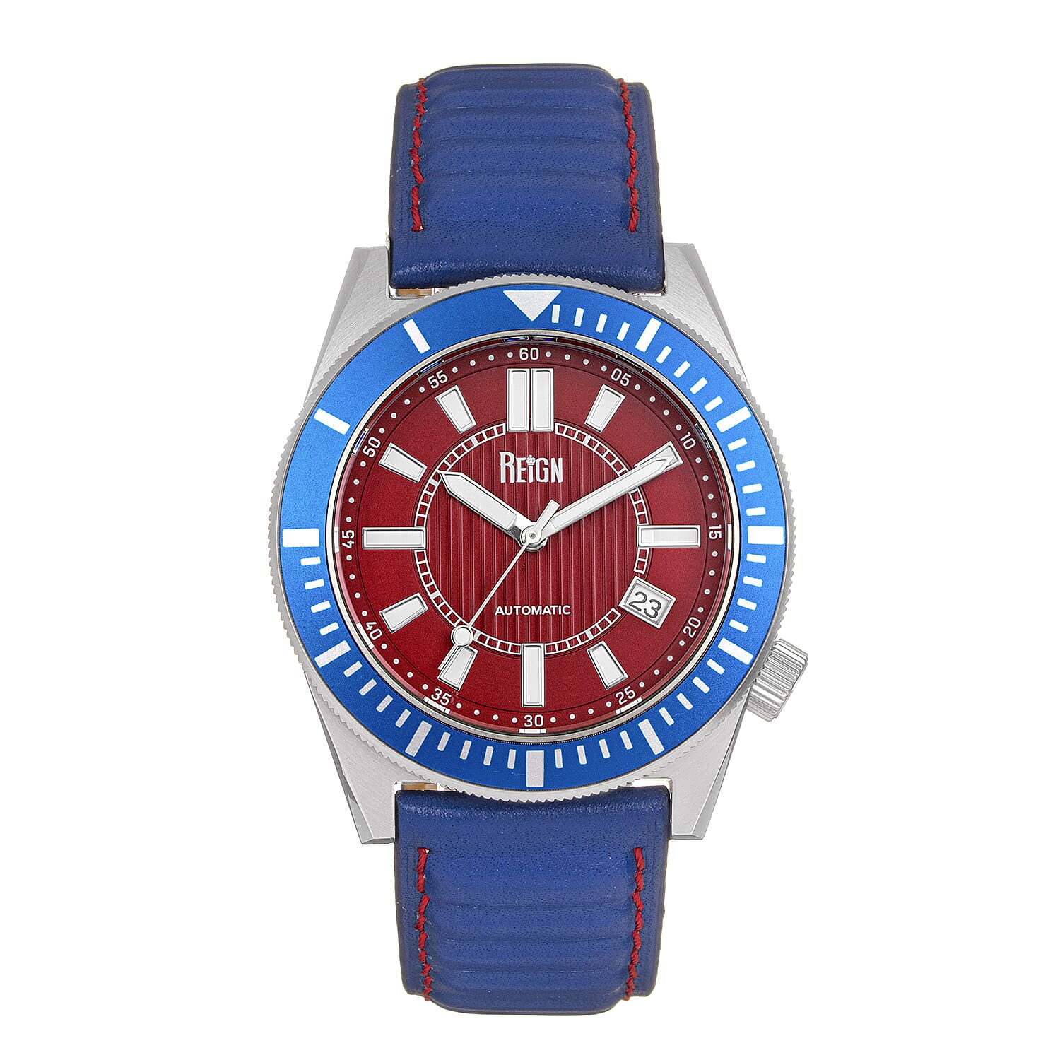 Reign Francis Jewels Seiko Automatic Movement Sapphire-Coated Mineral Crystal Blue Rotating Bezel Red Dial With Date 10 ATM Water Resistance Watch With Blue Genuine Leather Strap