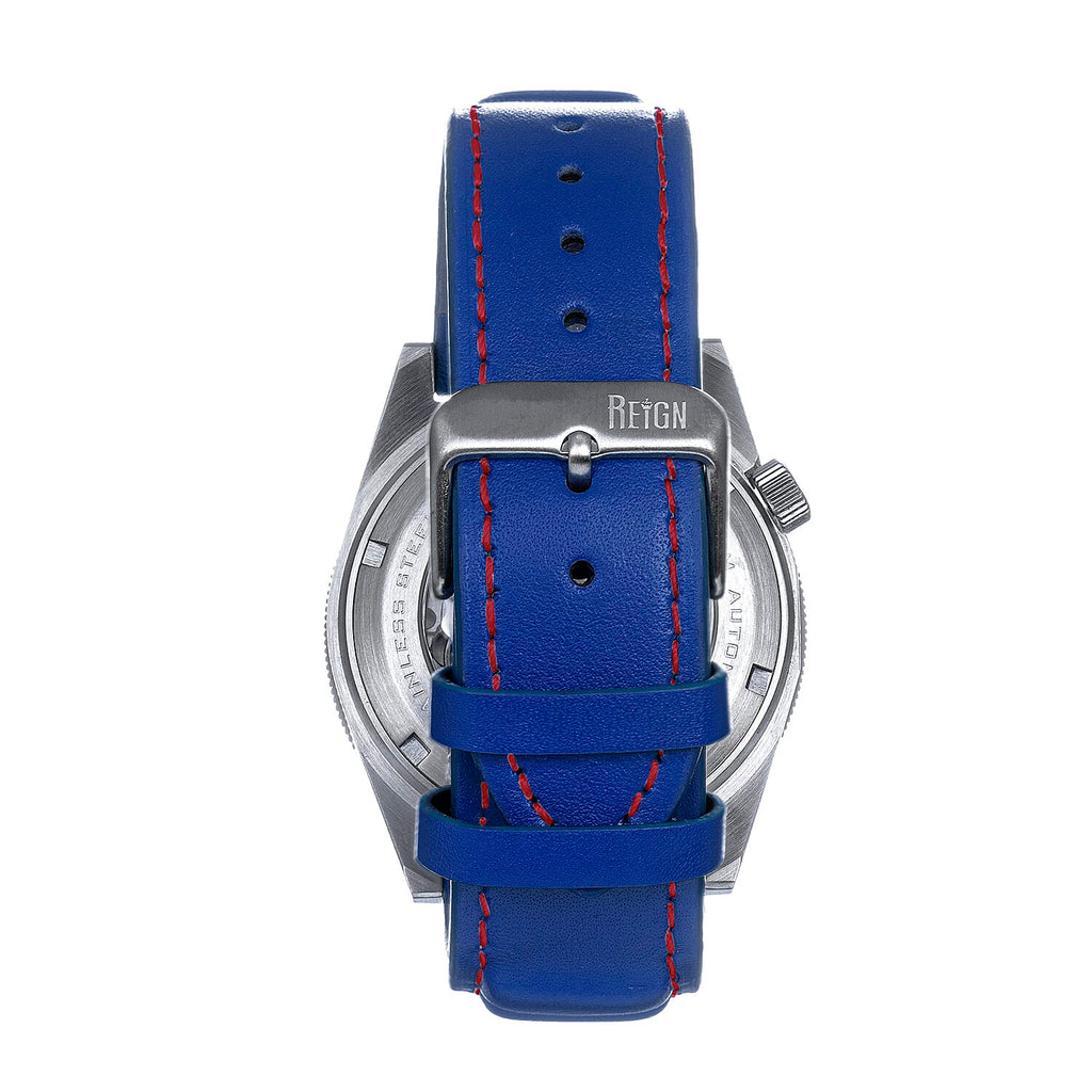 Reign Francis Jewels Seiko Automatic Movement Sapphire-Coated Mineral Crystal Blue Rotating Bezel Red Dial With Date 10 ATM Water Resistance Watch With Blue Genuine Leather Strap