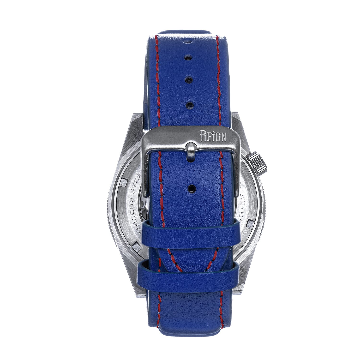 Reign Francis Jewels Seiko Automatic Movement Sapphire-Coated Mineral Crystal Blue Rotating Bezel Red Dial With Date 10 ATM Water Resistance Watch With Blue Genuine Leather Strap