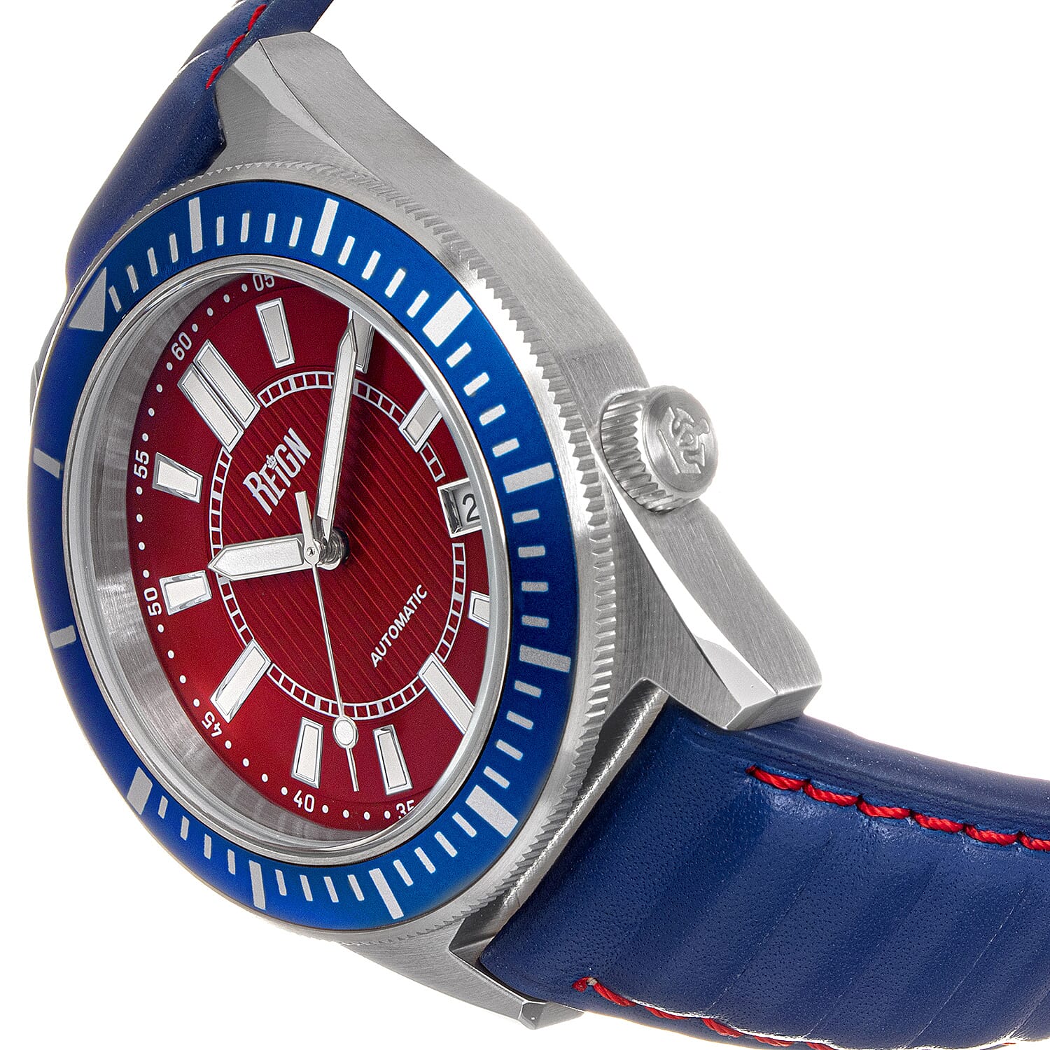 Reign Francis Jewels Seiko Automatic Movement Sapphire-Coated Mineral Crystal Blue Rotating Bezel Red Dial With Date 10 ATM Water Resistance Watch With Blue Genuine Leather Strap