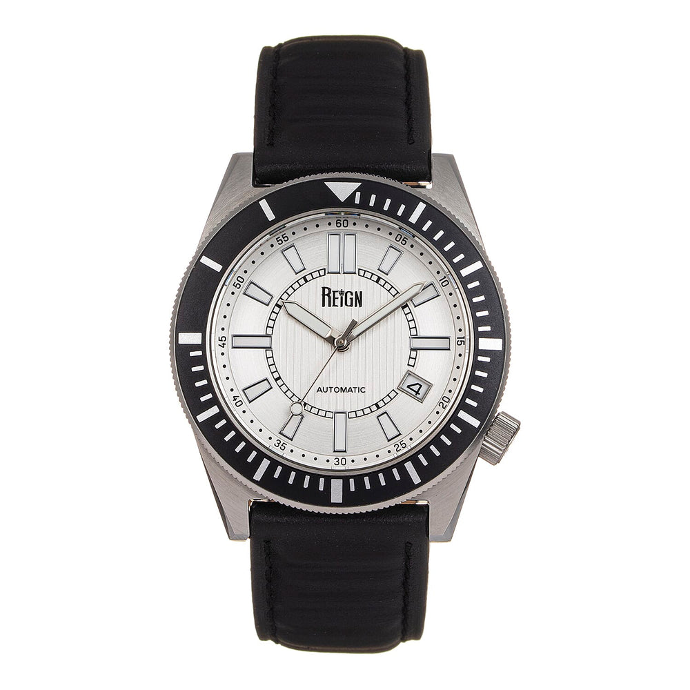 Reign Francis Jewels Seiko Automatic Movement Sapphire-Coated Mineral Crystal Black Rotating Bezel Silver Dial With Date 10 ATM Water Resistance Watch Black Genuine Leather Strap