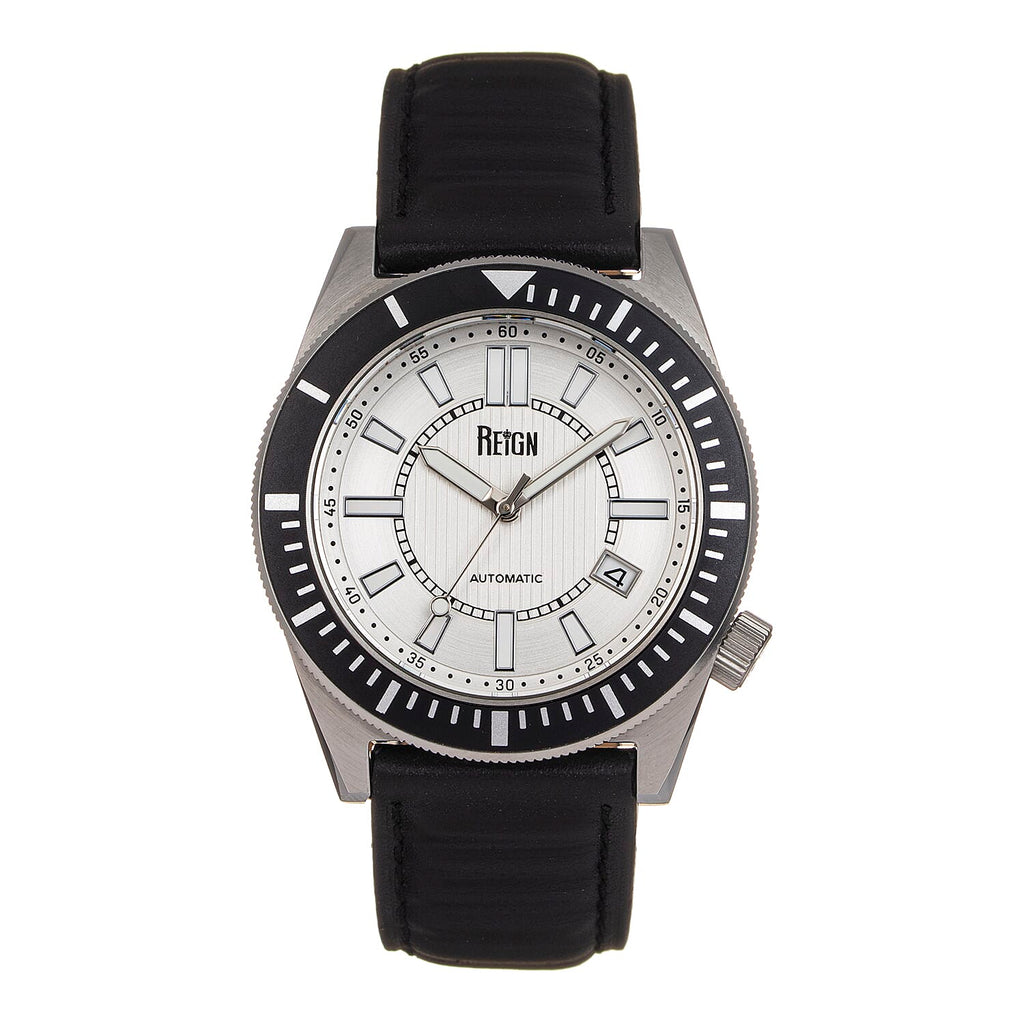Reign Francis Jewels Seiko Automatic Movement Sapphire-Coated Mineral Crystal Black Rotating Bezel Silver Dial With Date 10 ATM Water Resistance Watch Black Genuine Leather Strap