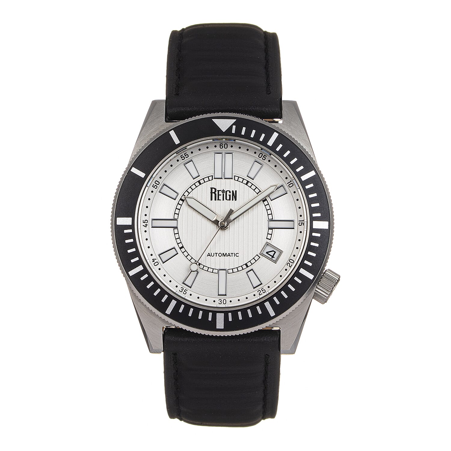 Reign Francis Jewels Seiko Automatic Movement Sapphire-Coated Mineral Crystal Black Rotating Bezel Silver Dial With Date 10 ATM Water Resistance Watch Black Genuine Leather Strap
