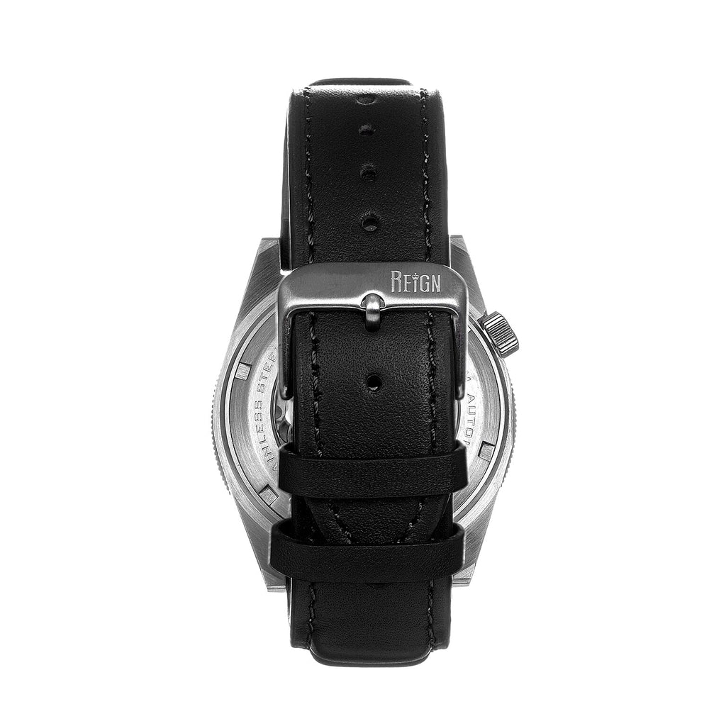 Reign Francis Jewels Seiko Automatic Movement Sapphire-Coated Mineral Crystal Black Rotating Bezel Silver Dial With Date 10 ATM Water Resistance Watch Black Genuine Leather Strap