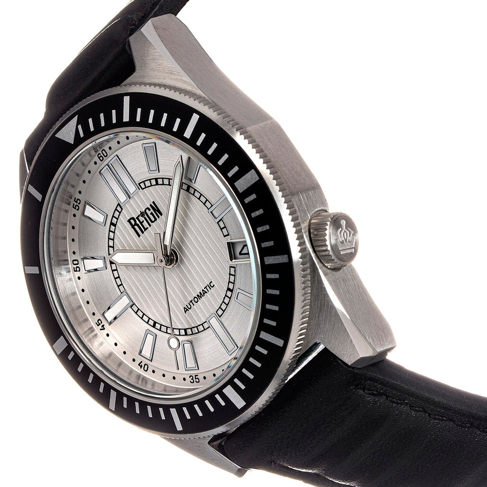 Reign Francis Jewels Seiko Automatic Movement Sapphire-Coated Mineral Crystal Black Rotating Bezel Silver Dial With Date 10 ATM Water Resistance Watch Black Genuine Leather Strap