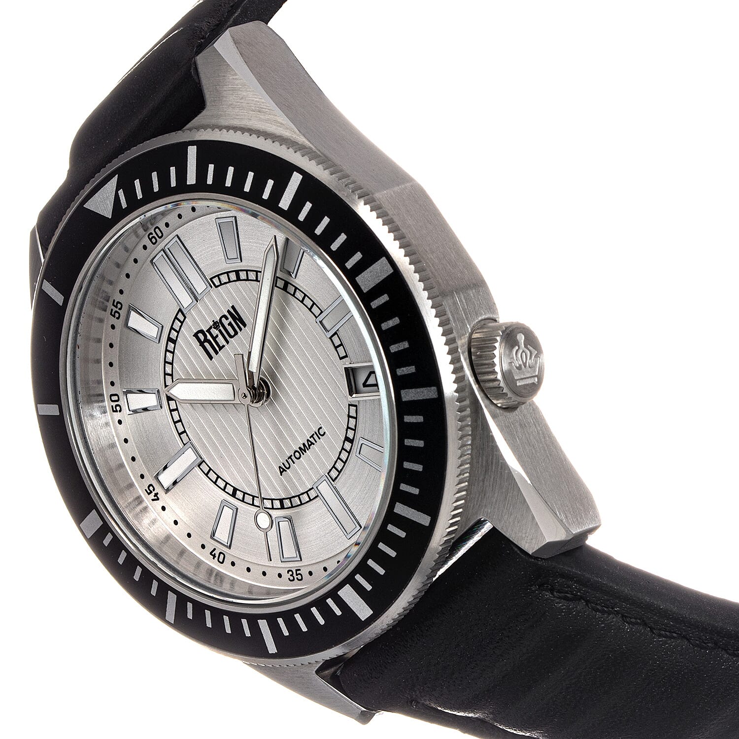 Reign Francis Jewels Seiko Automatic Movement Sapphire-Coated Mineral Crystal Black Rotating Bezel Silver Dial With Date 10 ATM Water Resistance Watch Black Genuine Leather Strap