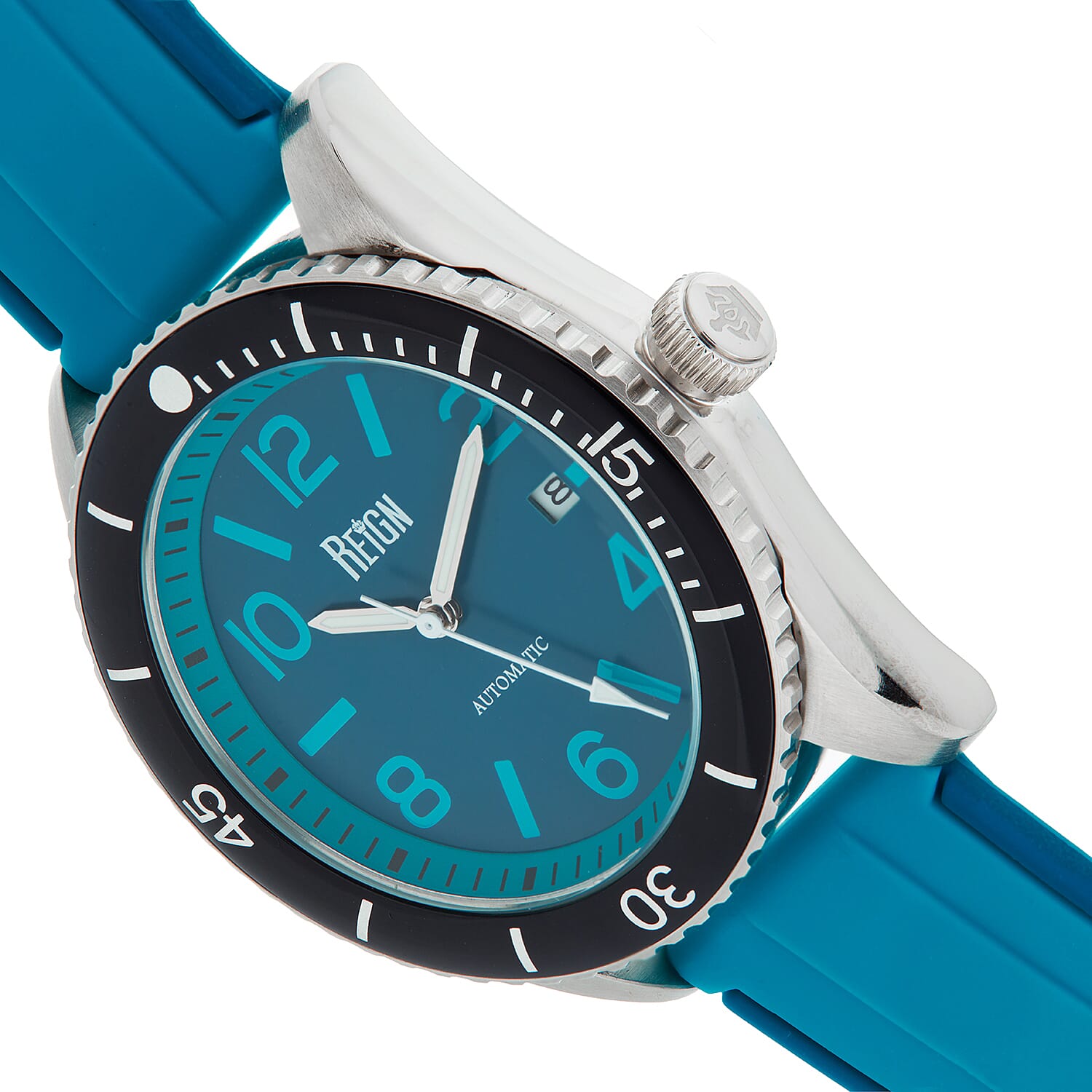 Reign Gage Jewels Miyota Automatic Movement Sapphire-Coated Mineral Crystal Directional Rotating Bezel Blue Dial With Date 10 ATM Water Resistance Watch With Blue Rubber Strap