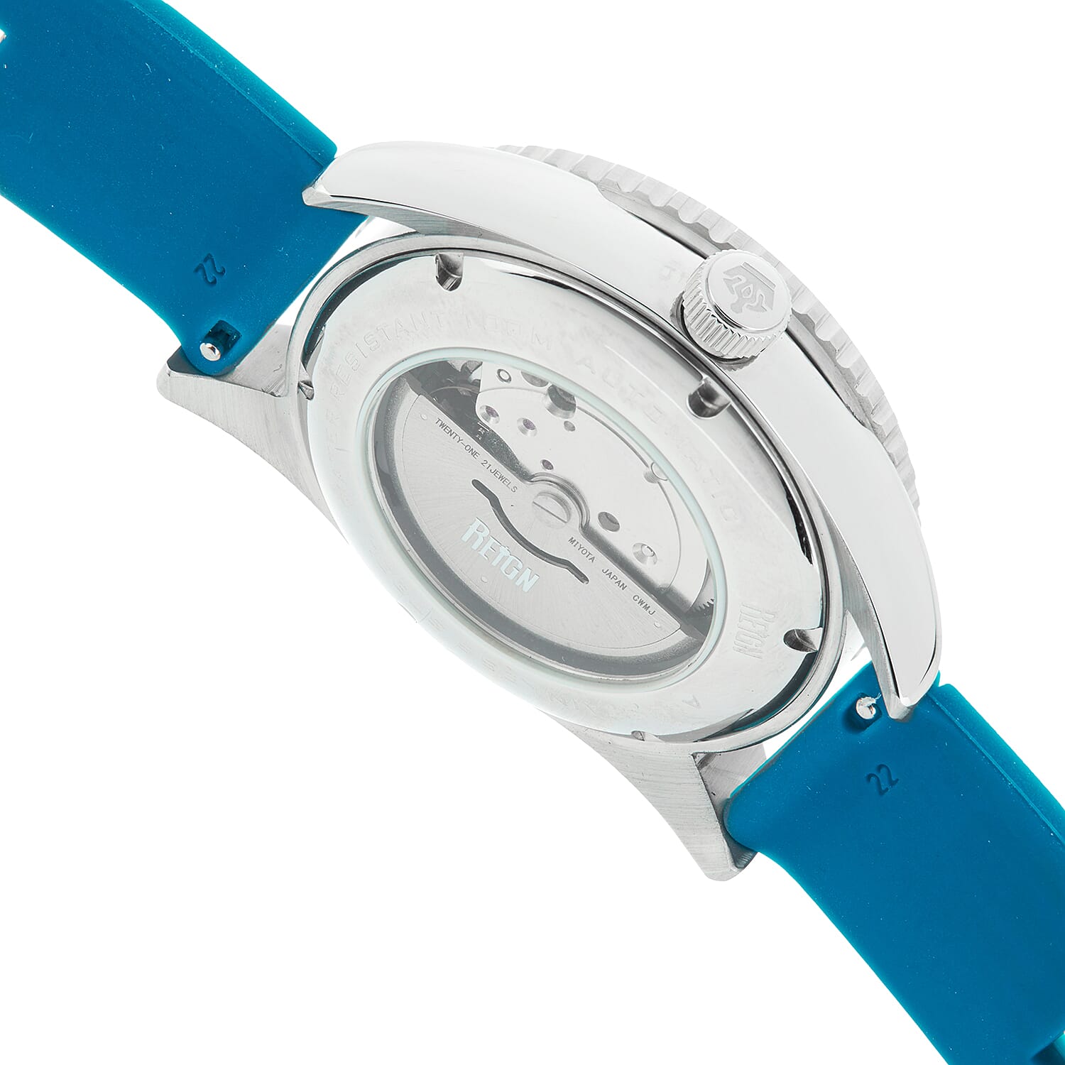 Reign Gage Jewels Miyota Automatic Movement Sapphire-Coated Mineral Crystal Directional Rotating Bezel Blue Dial With Date 10 ATM Water Resistance Watch With Blue Rubber Strap