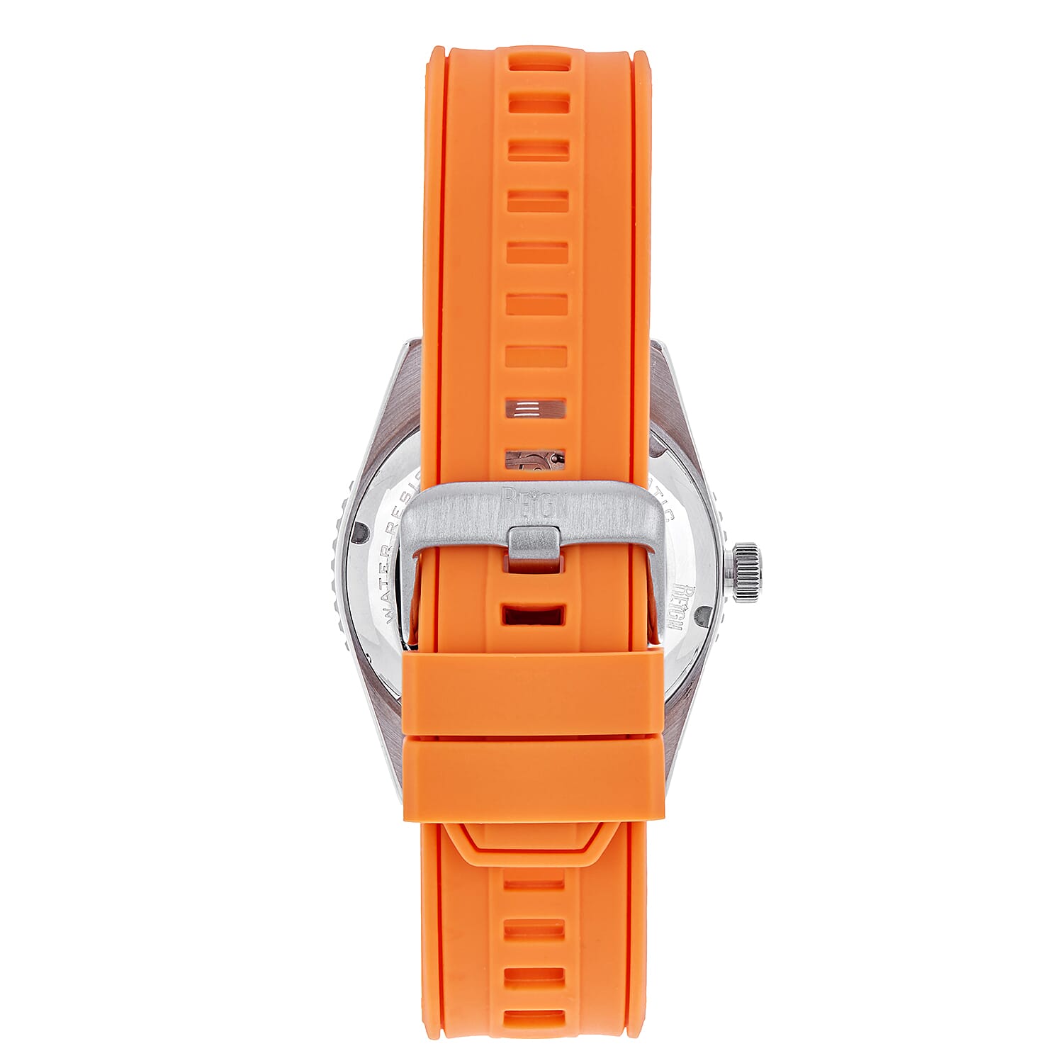 Reign Gage Jewels Miyota Automatic Movement Sapphire-Coated Mineral Crystal Directional Rotating Bezel Red Dial With Date 10 ATM Water Resistance Watch With Orange Rubber Strap