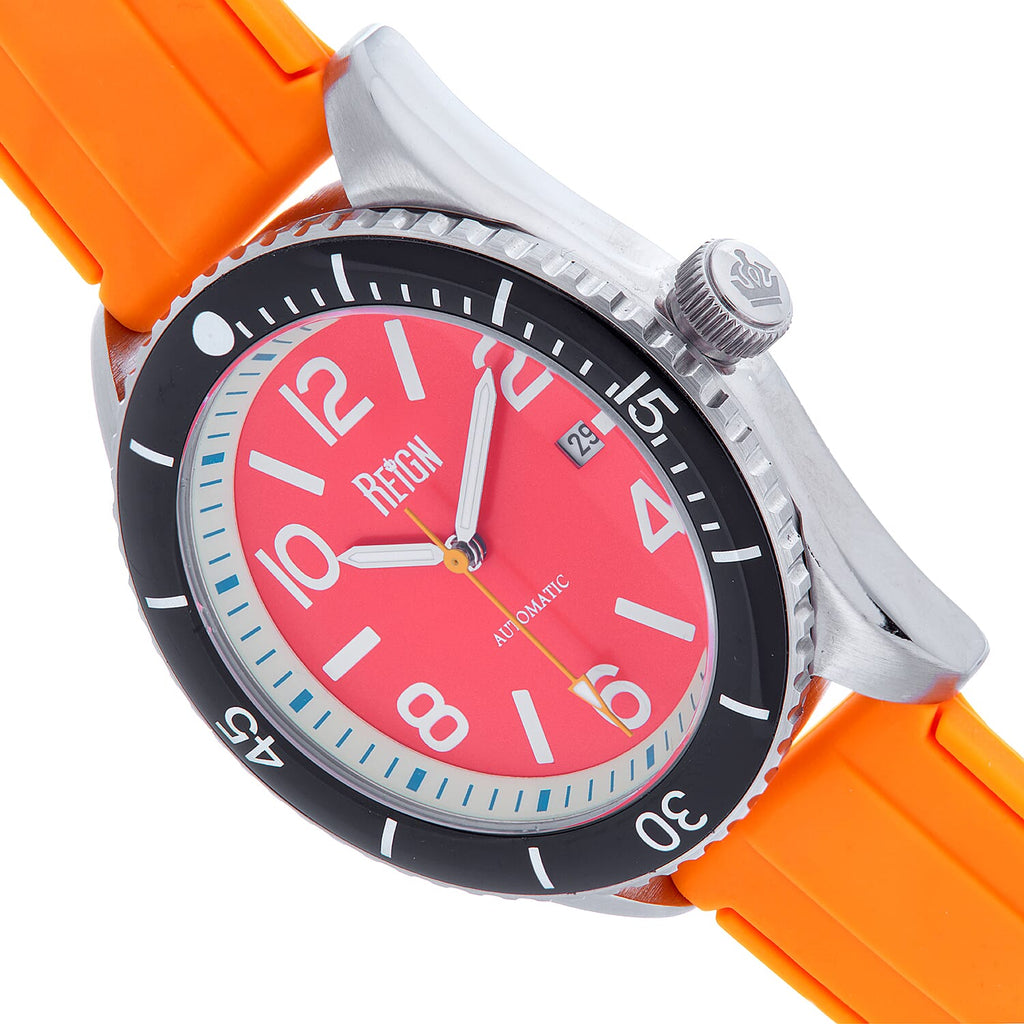Reign Gage Jewels Miyota Automatic Movement Sapphire-Coated Mineral Crystal Directional Rotating Bezel Red Dial With Date 10 ATM Water Resistance Watch With Orange Rubber Strap
