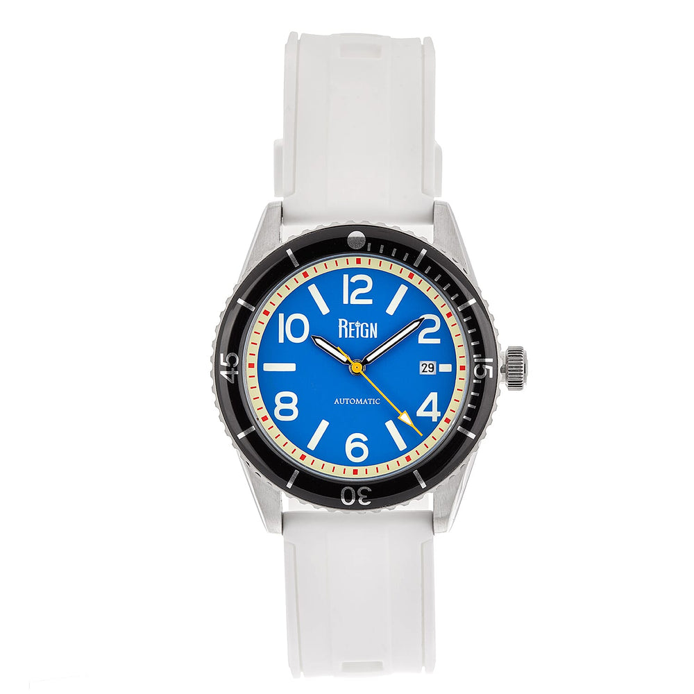 Reign Gage Jewels Miyota Automatic Movement Sapphire-Coated Mineral Crystal Directional Rotating Bezel Navy Dial With Date 10 ATM Water Resistance Watch With White Rubber Strap