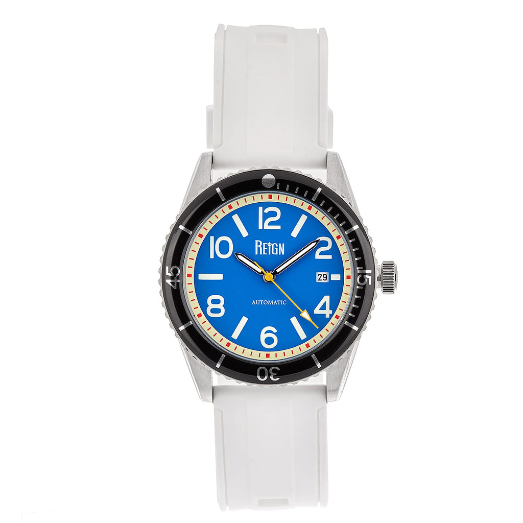 Reign Gage Jewels Miyota Automatic Movement Sapphire-Coated Mineral Crystal Directional Rotating Bezel Navy Dial With Date 10 ATM Water Resistance Watch With White Rubber Strap