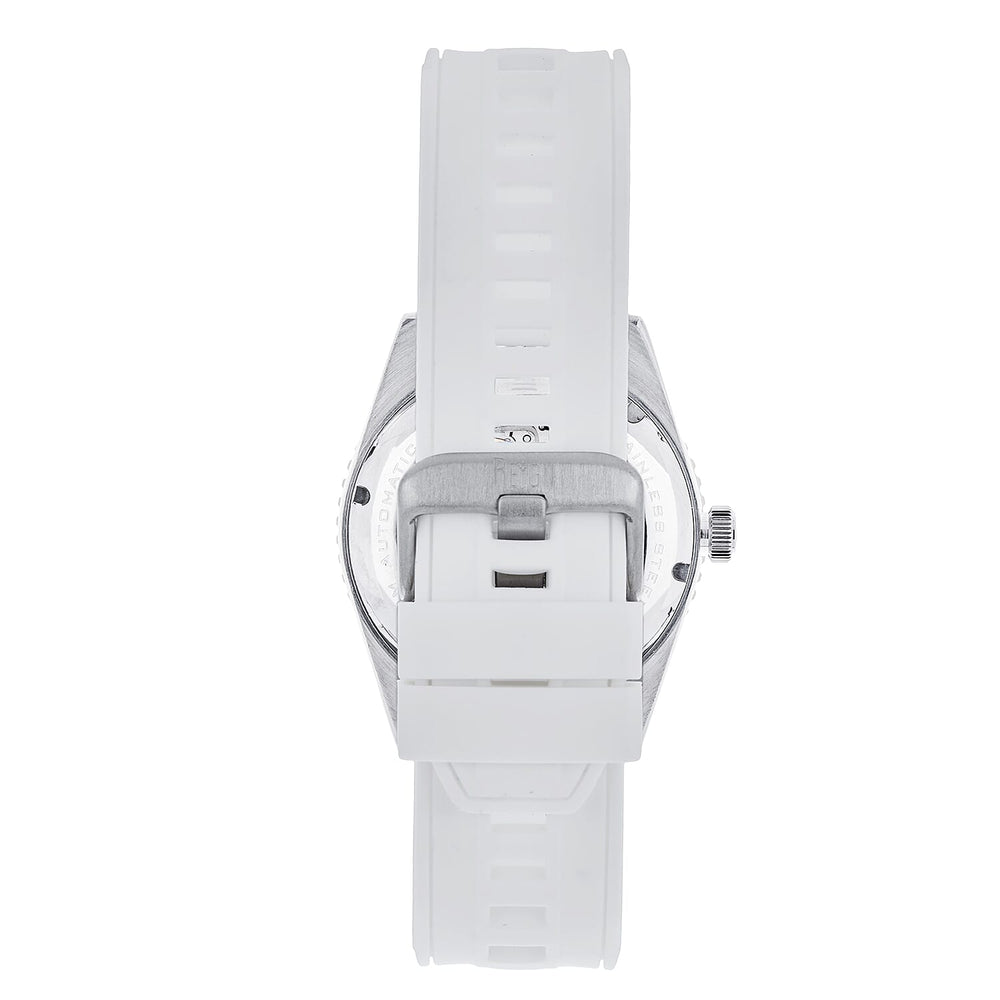 Reign Gage Jewels Miyota Automatic Movement Sapphire-Coated Mineral Crystal Directional Rotating Bezel Navy Dial With Date 10 ATM Water Resistance Watch With White Rubber Strap