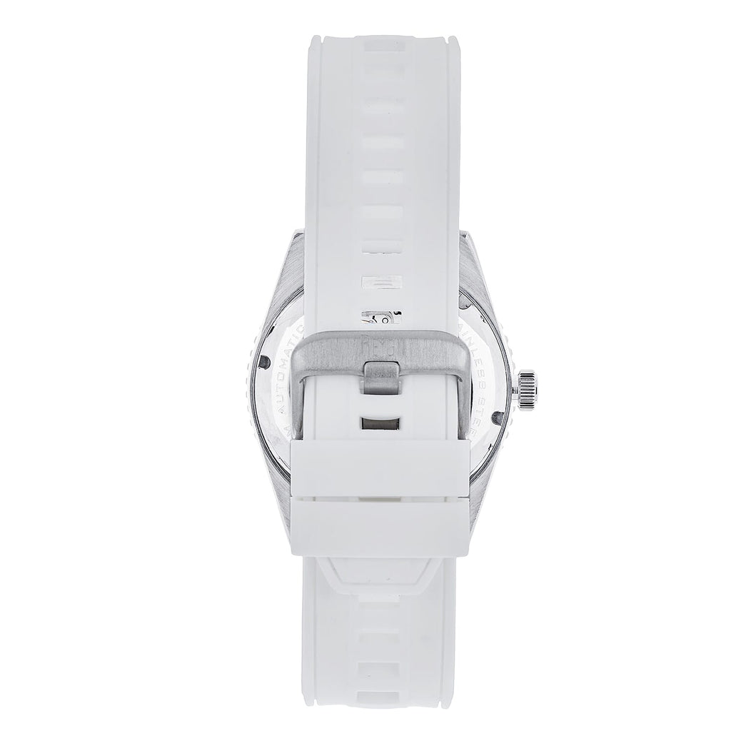 Reign Gage Jewels Miyota Automatic Movement Sapphire-Coated Mineral Crystal Directional Rotating Bezel Navy Dial With Date 10 ATM Water Resistance Watch With White Rubber Strap