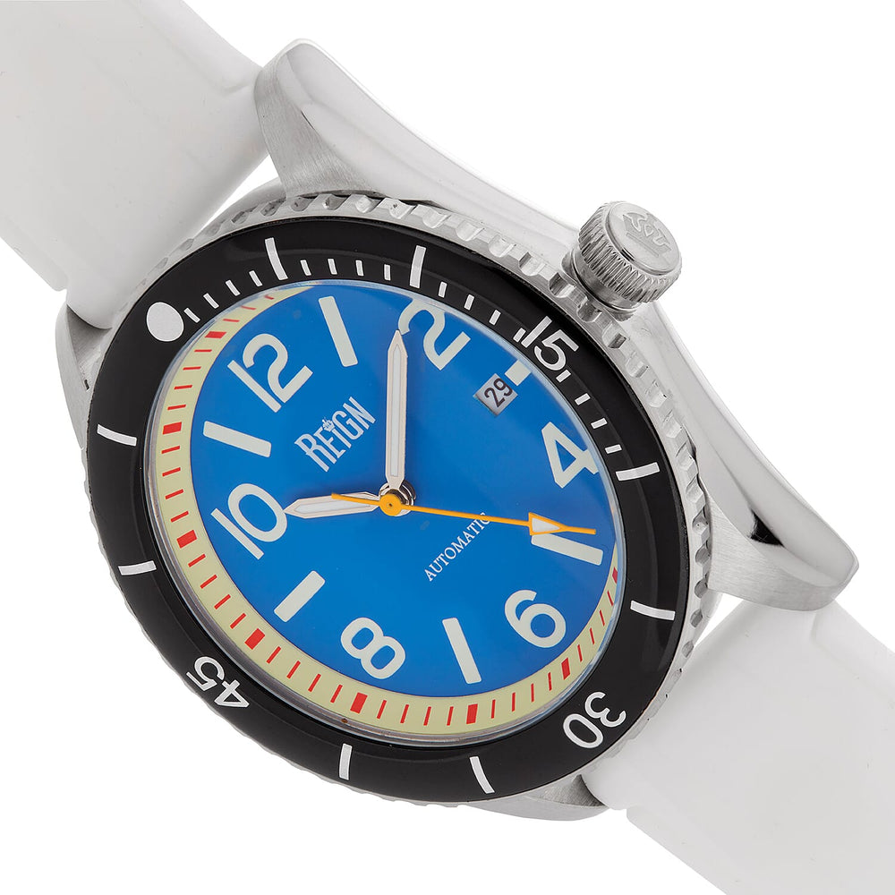 Reign Gage Jewels Miyota Automatic Movement Sapphire-Coated Mineral Crystal Directional Rotating Bezel Navy Dial With Date 10 ATM Water Resistance Watch With White Rubber Strap