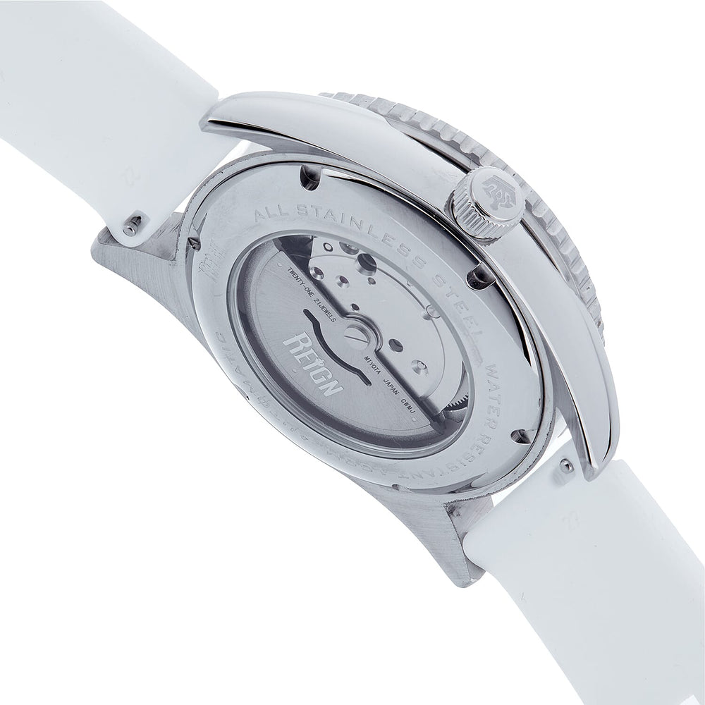 Reign Gage Jewels Miyota Automatic Movement Sapphire-Coated Mineral Crystal Directional Rotating Bezel Navy Dial With Date 10 ATM Water Resistance Watch With White Rubber Strap