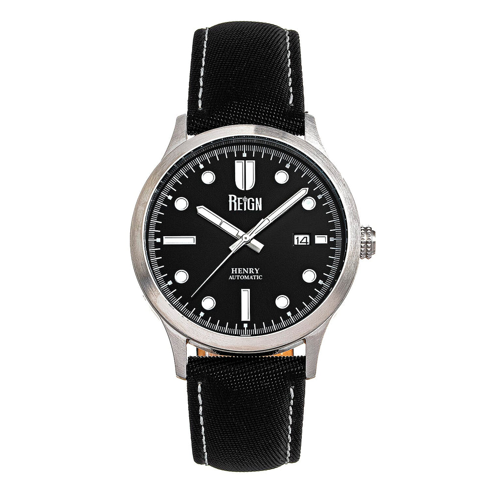 Reign Henry Jewels Seiko Automatic Movement Sapphire-Coated Mineral Crystal Black Dial With Date 10 ATM Water Resistance Watch With Canvas-Overlaid Black Genuine Leather Strap