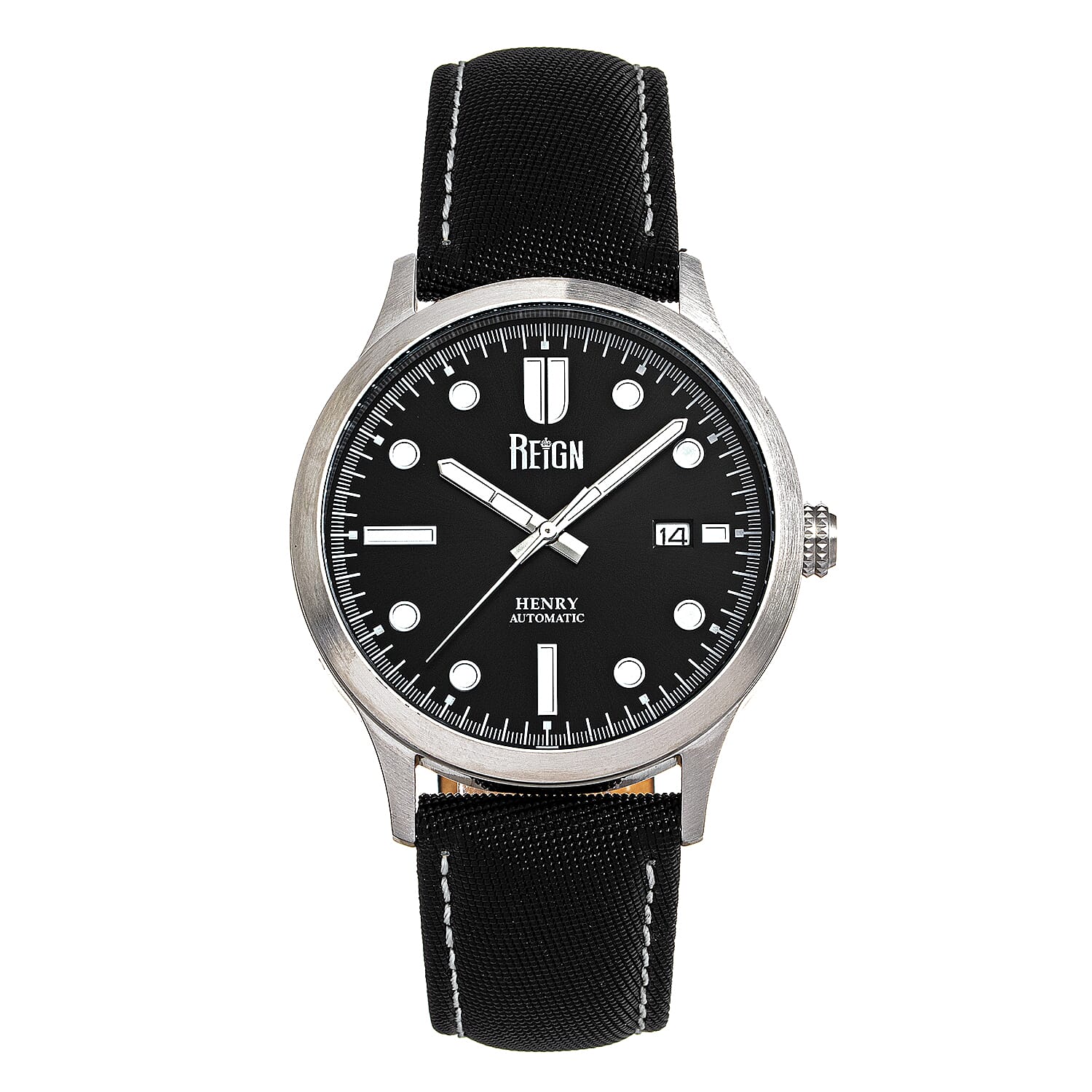 Reign Henry Jewels Seiko Automatic Movement Sapphire-Coated Mineral Crystal Black Dial With Date 10 ATM Water Resistance Watch With Canvas-Overlaid Black Genuine Leather Strap