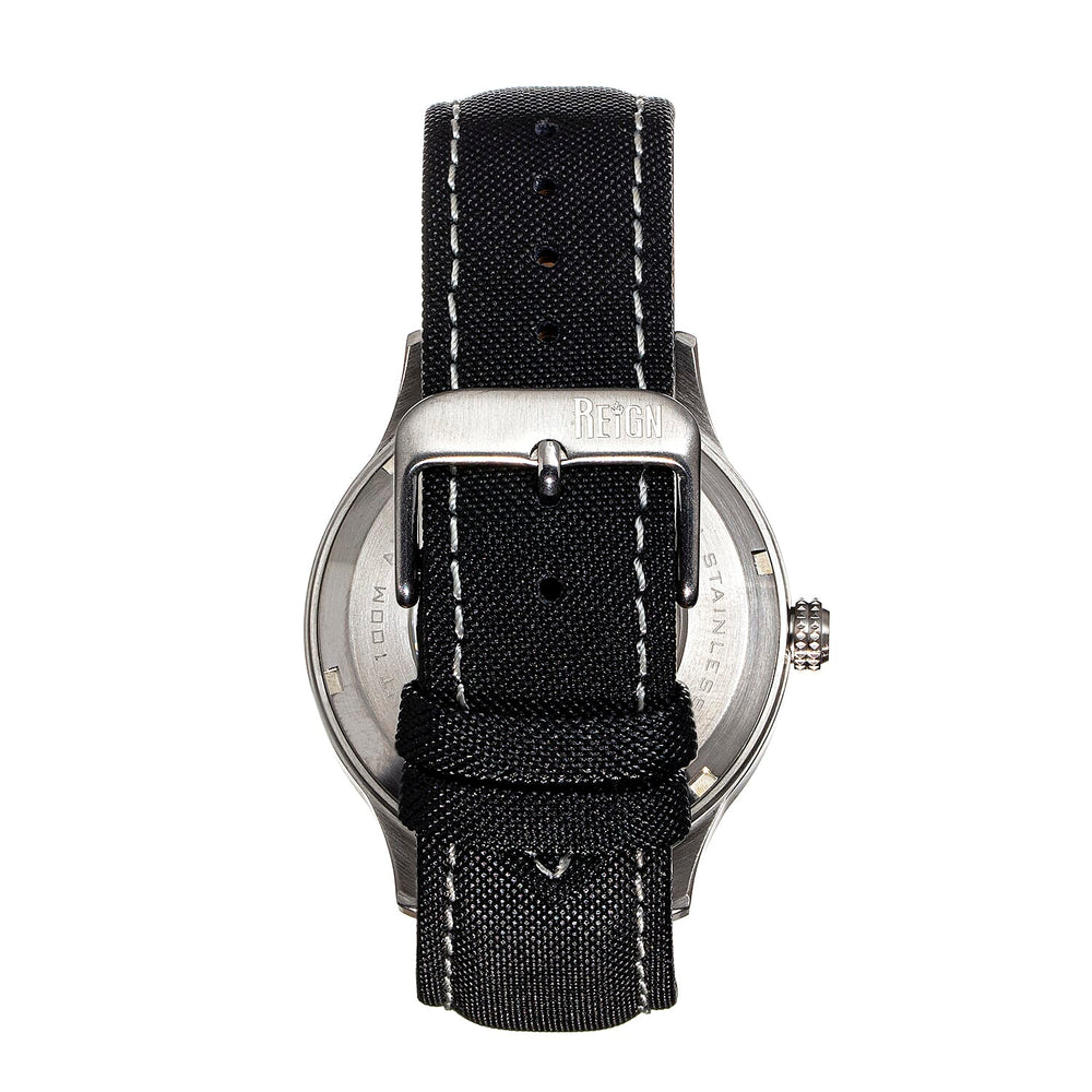 Reign Henry Jewels Seiko Automatic Movement Sapphire-Coated Mineral Crystal Black Dial With Date 10 ATM Water Resistance Watch With Canvas-Overlaid Black Genuine Leather Strap