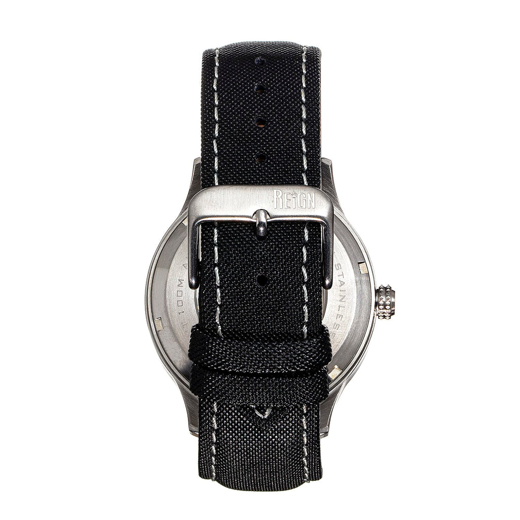 Reign Henry Jewels Seiko Automatic Movement Sapphire-Coated Mineral Crystal Black Dial With Date 10 ATM Water Resistance Watch With Canvas-Overlaid Black Genuine Leather Strap