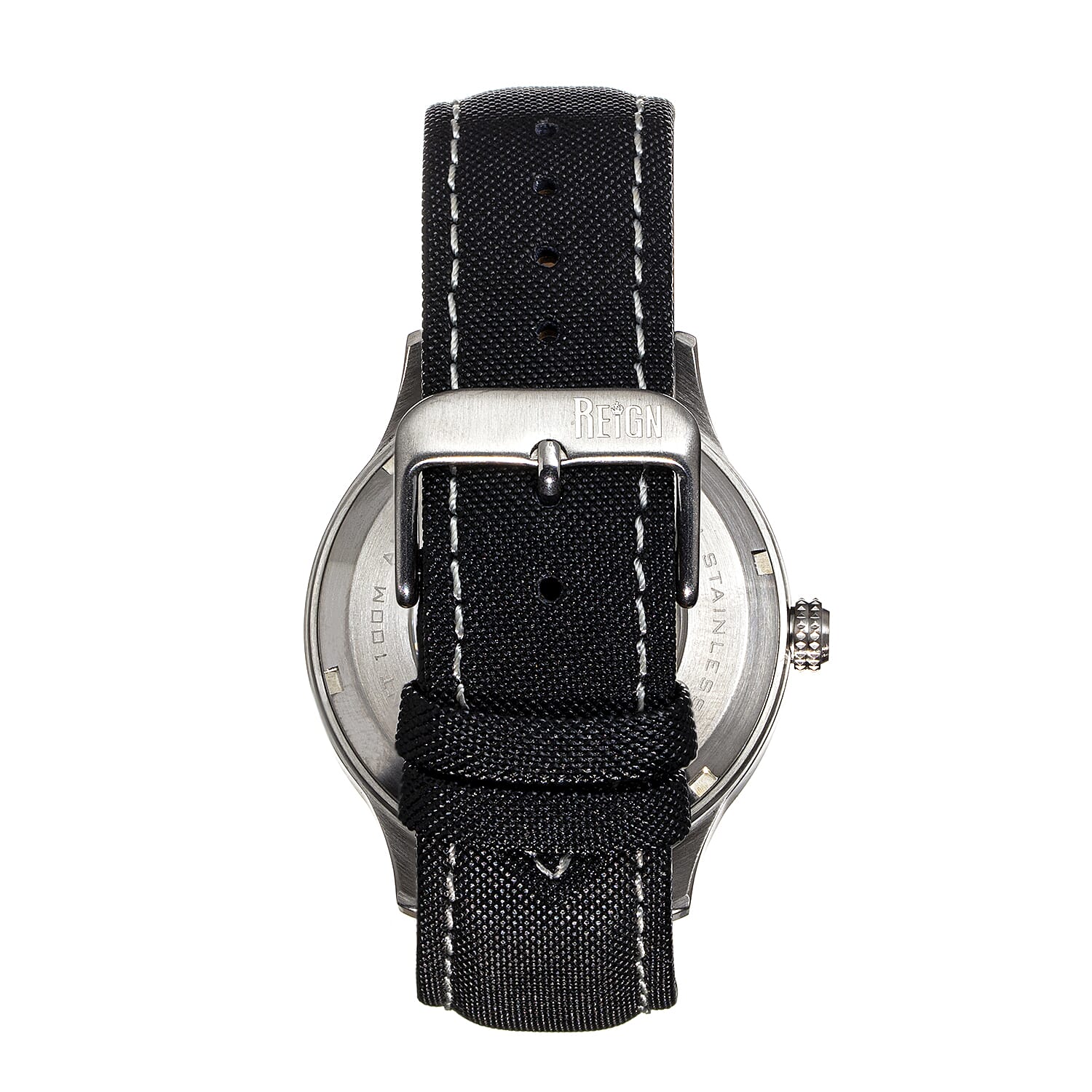 Reign Henry Jewels Seiko Automatic Movement Sapphire-Coated Mineral Crystal Black Dial With Date 10 ATM Water Resistance Watch With Canvas-Overlaid Black Genuine Leather Strap