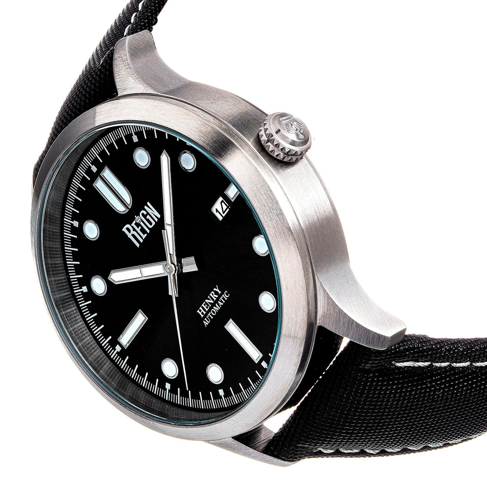 Reign Henry Jewels Seiko Automatic Movement Sapphire-Coated Mineral Crystal Black Dial With Date 10 ATM Water Resistance Watch With Canvas-Overlaid Black Genuine Leather Strap