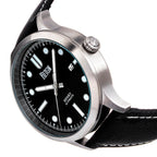 Reign Henry Jewels Seiko Automatic Movement Sapphire-Coated Mineral Crystal Black Dial With Date 10 ATM Water Resistance Watch With Canvas-Overlaid Black Genuine Leather Strap