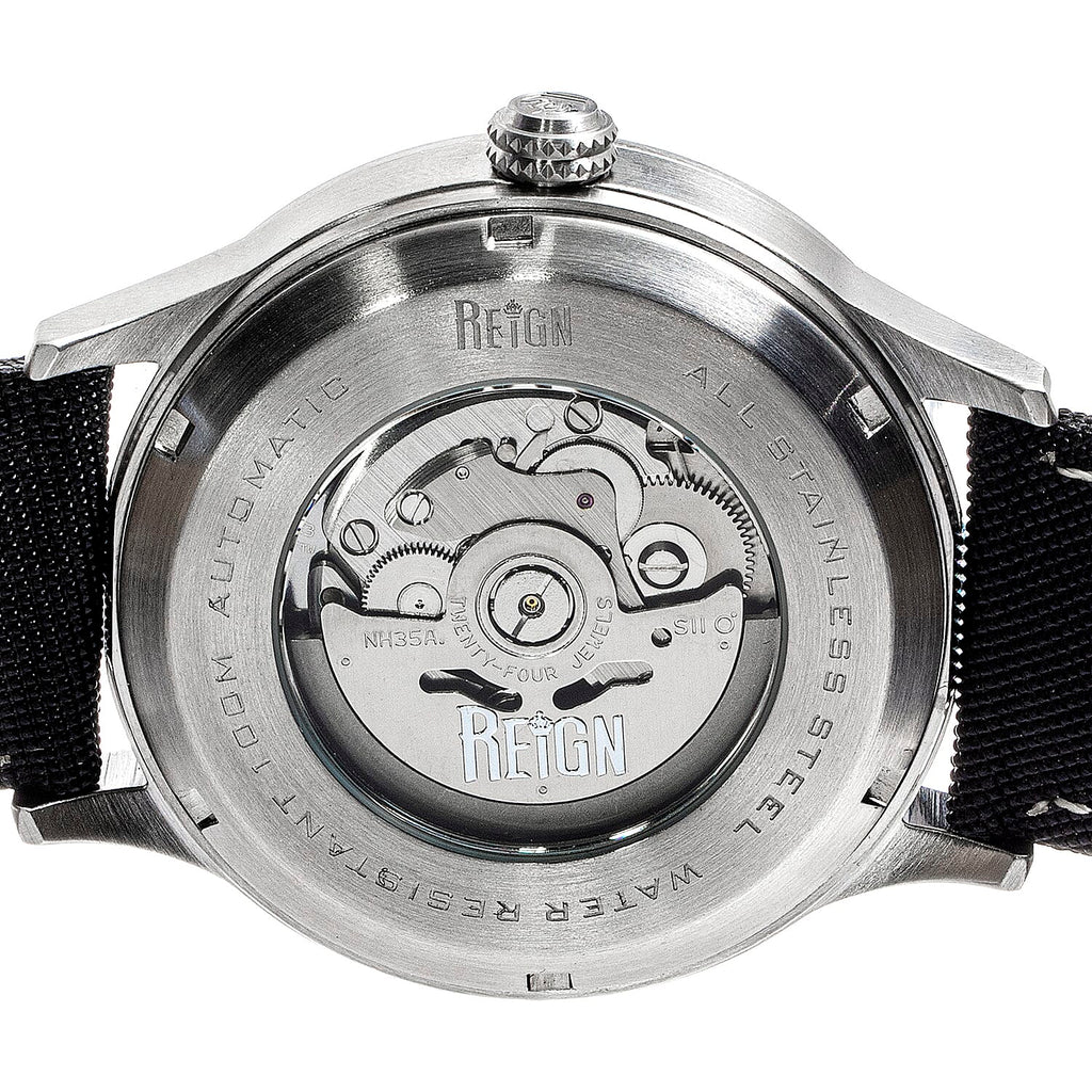 Reign Henry Jewels Seiko Automatic Movement Sapphire-Coated Mineral Crystal Black Dial With Date 10 ATM Water Resistance Watch With Canvas-Overlaid Black Genuine Leather Strap