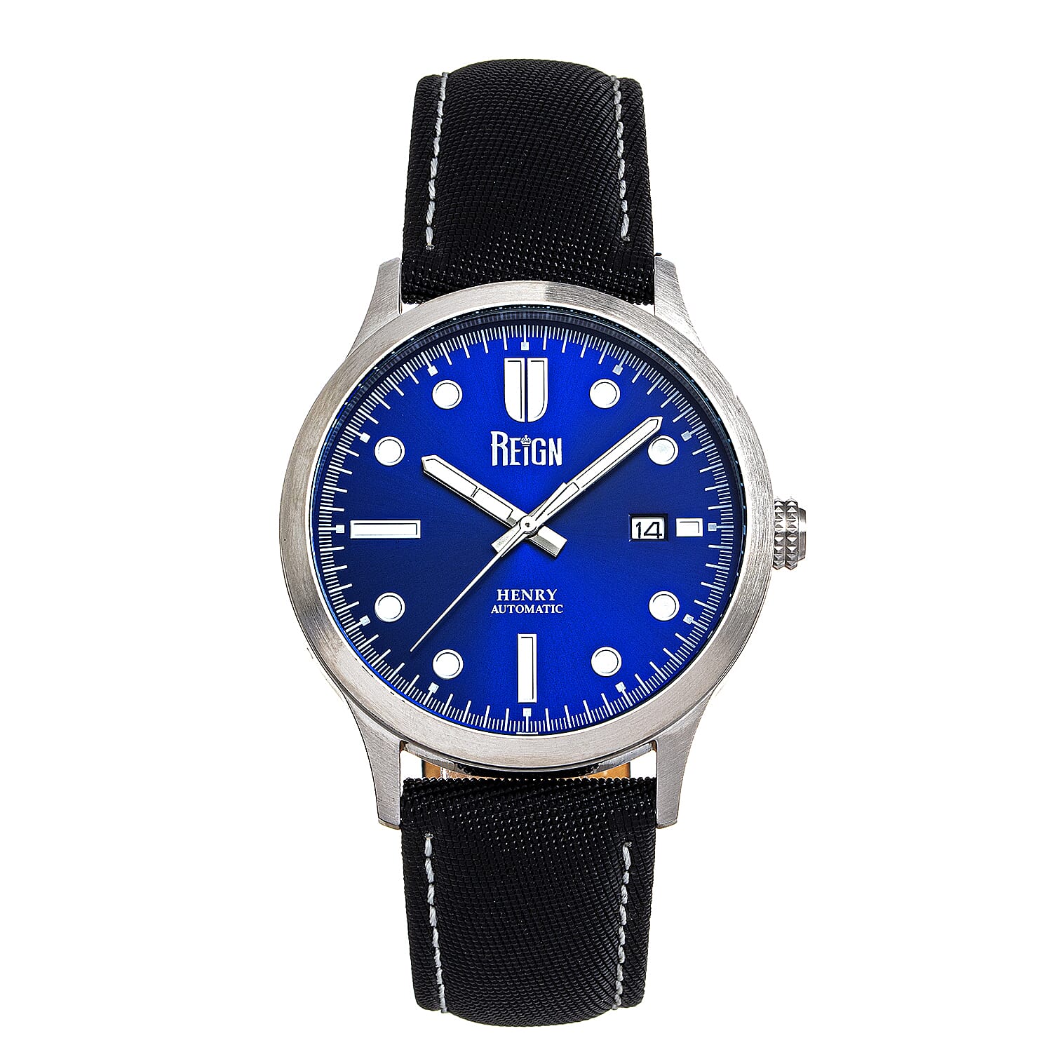 Reign Henry Jewels Seiko Automatic Movement Sapphire-Coated Mineral Crystal Blue Dial With Date 10 ATM Water Resistance Watch With Canvas-Overlaid Black Genuine Leather Strap