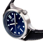 Reign Henry Jewels Seiko Automatic Movement Sapphire-Coated Mineral Crystal Blue Dial With Date 10 ATM Water Resistance Watch With Canvas-Overlaid Black Genuine Leather Strap