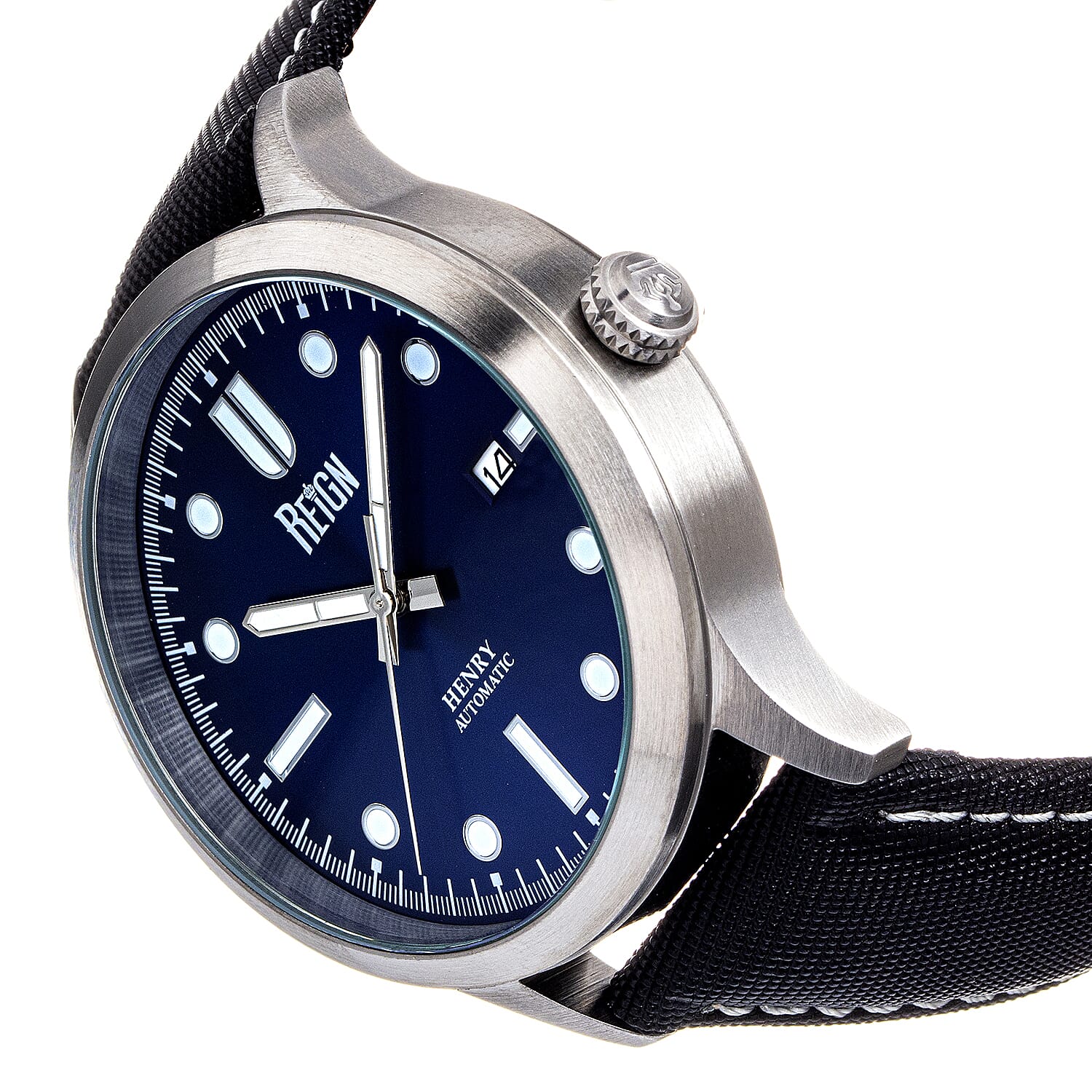 Reign Henry Jewels Seiko Automatic Movement Sapphire-Coated Mineral Crystal Blue Dial With Date 10 ATM Water Resistance Watch With Canvas-Overlaid Black Genuine Leather Strap