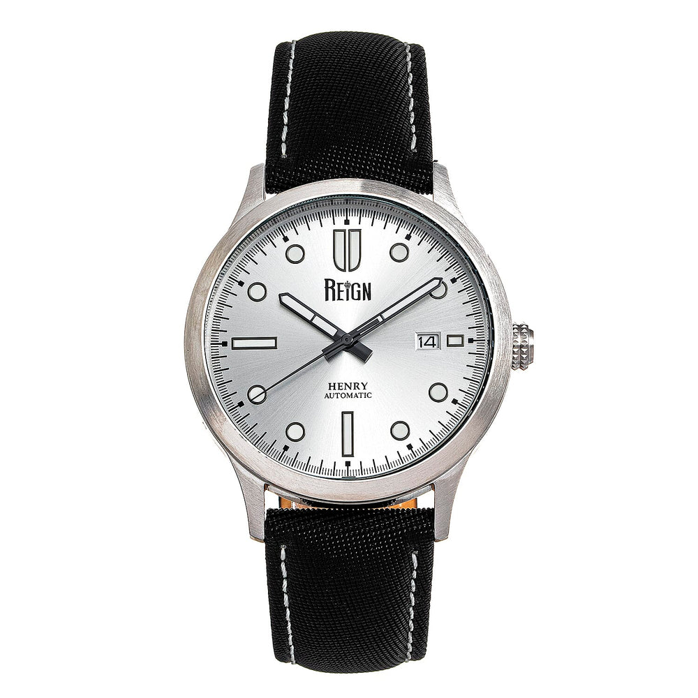 Reign Henry Jewels Seiko Automatic Movement Sapphire-Coated Mineral Crystal Silver Dial With Date 10 ATM Water Resistance Watch With Canvas-Overlaid Black Genuine Leather Strap