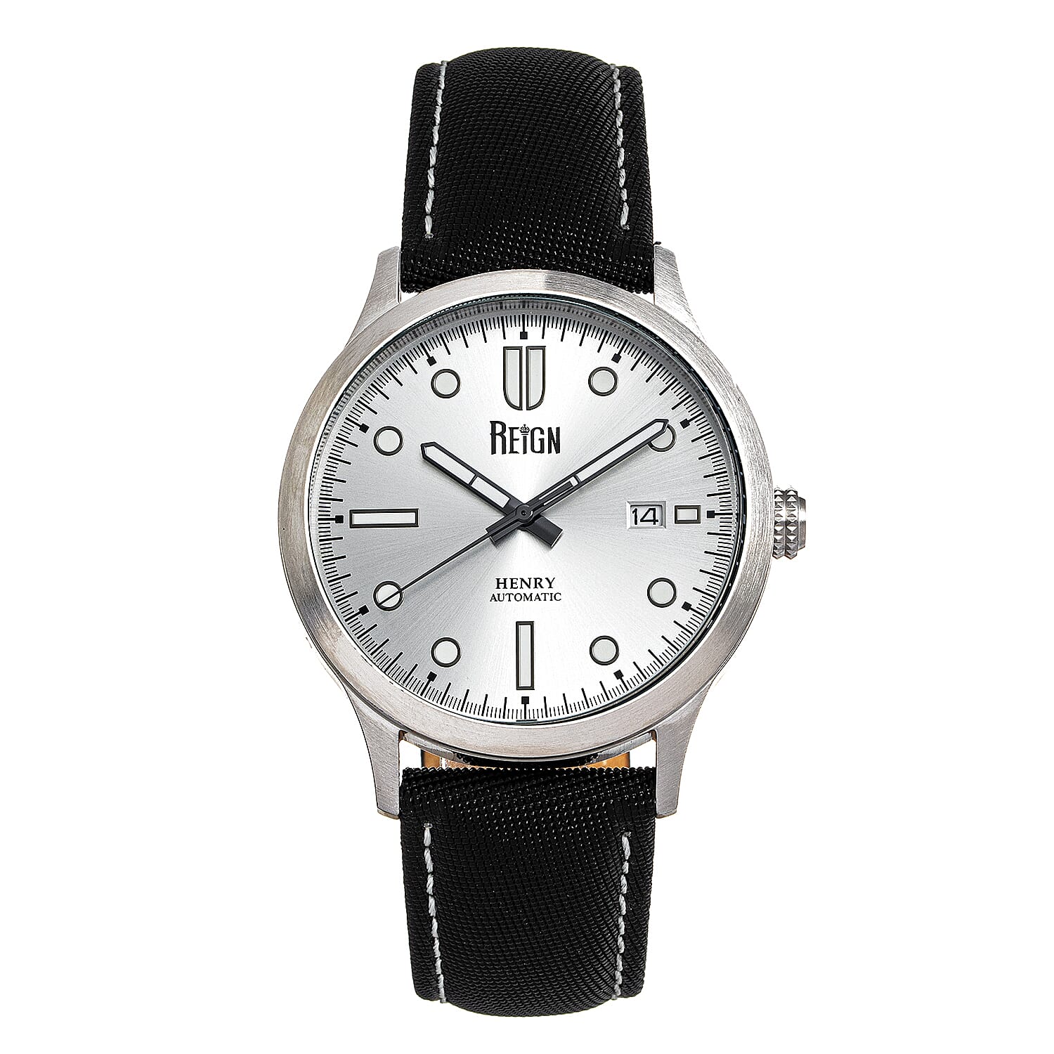 Reign Henry Jewels Seiko Automatic Movement Sapphire-Coated Mineral Crystal Silver Dial With Date 10 ATM Water Resistance Watch With Canvas-Overlaid Black Genuine Leather Strap