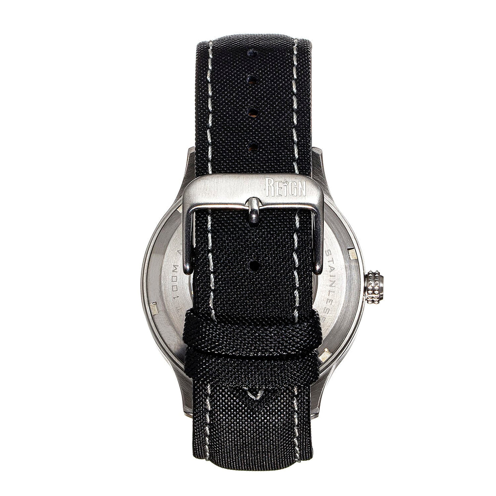 Reign Henry Jewels Seiko Automatic Movement Sapphire-Coated Mineral Crystal Silver Dial With Date 10 ATM Water Resistance Watch With Canvas-Overlaid Black Genuine Leather Strap