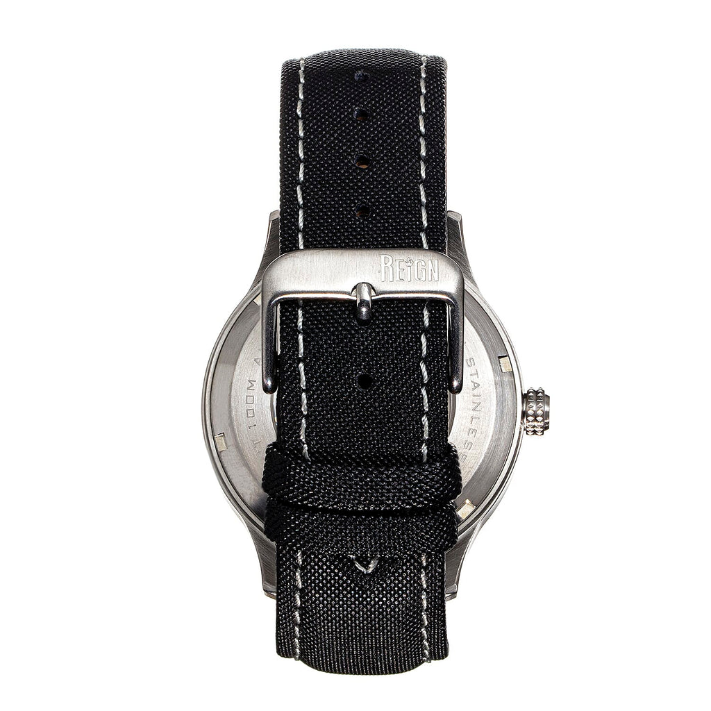 Reign Henry Jewels Seiko Automatic Movement Sapphire-Coated Mineral Crystal Silver Dial With Date 10 ATM Water Resistance Watch With Canvas-Overlaid Black Genuine Leather Strap