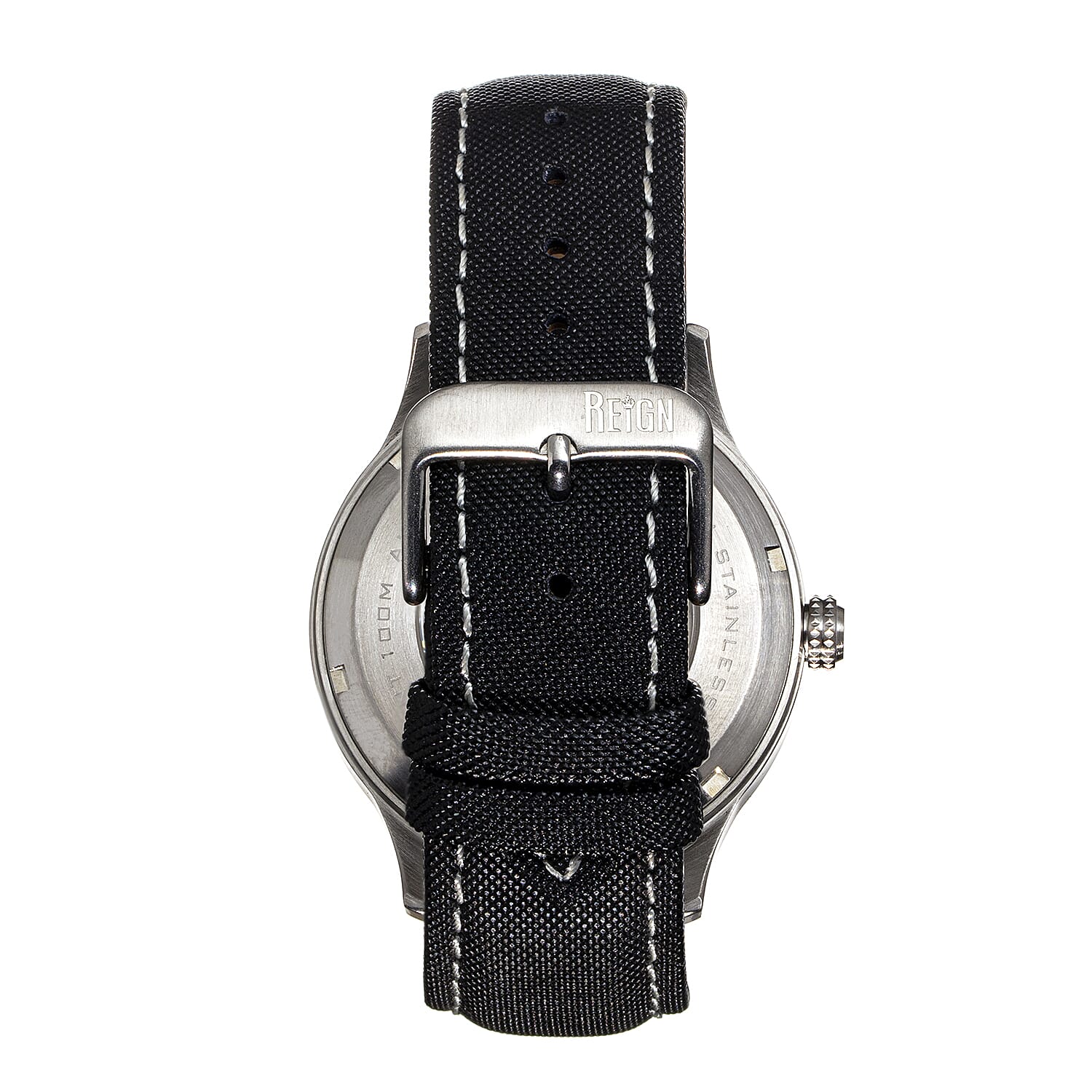Reign Henry Jewels Seiko Automatic Movement Sapphire-Coated Mineral Crystal Silver Dial With Date 10 ATM Water Resistance Watch With Canvas-Overlaid Black Genuine Leather Strap