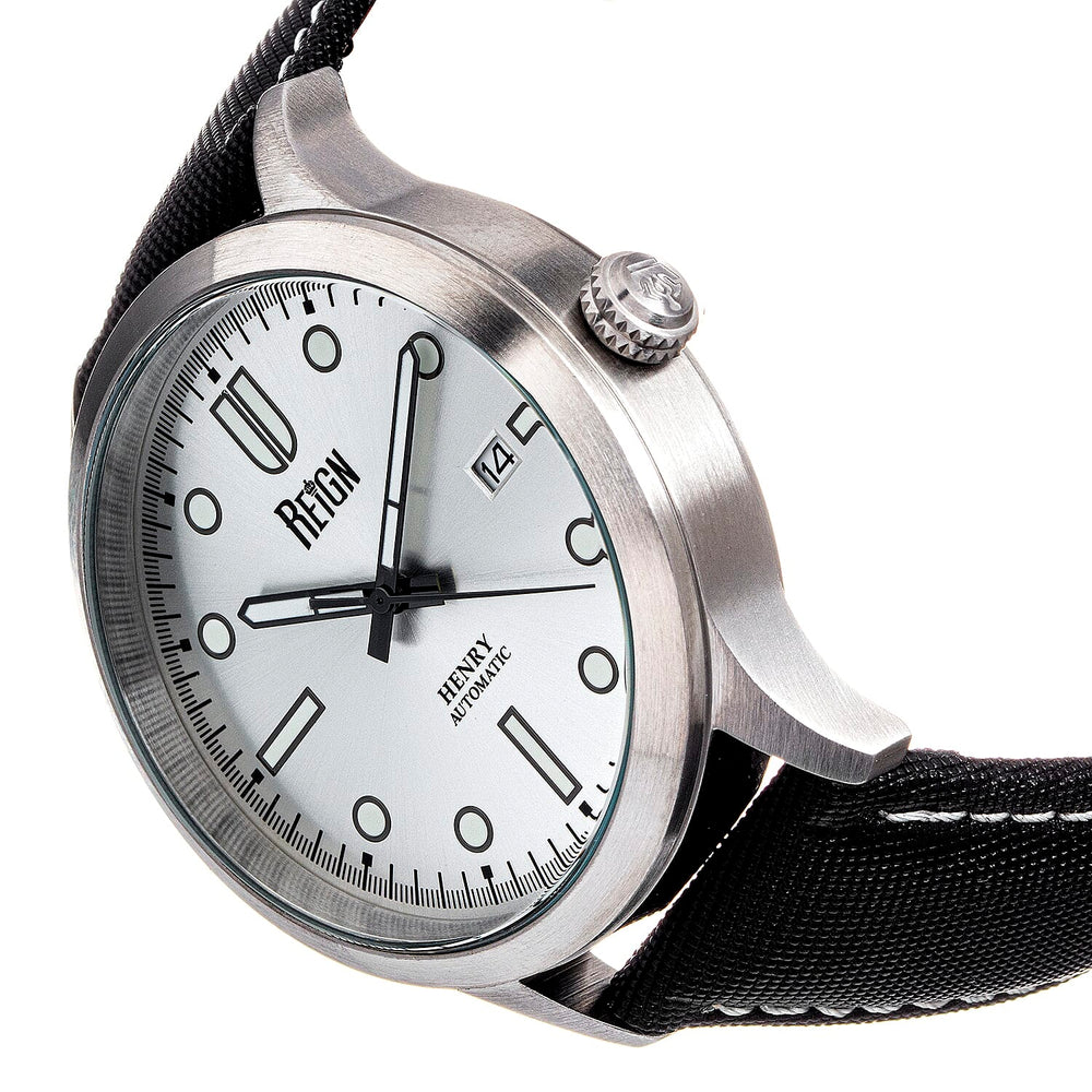 Reign Henry Jewels Seiko Automatic Movement Sapphire-Coated Mineral Crystal Silver Dial With Date 10 ATM Water Resistance Watch With Canvas-Overlaid Black Genuine Leather Strap