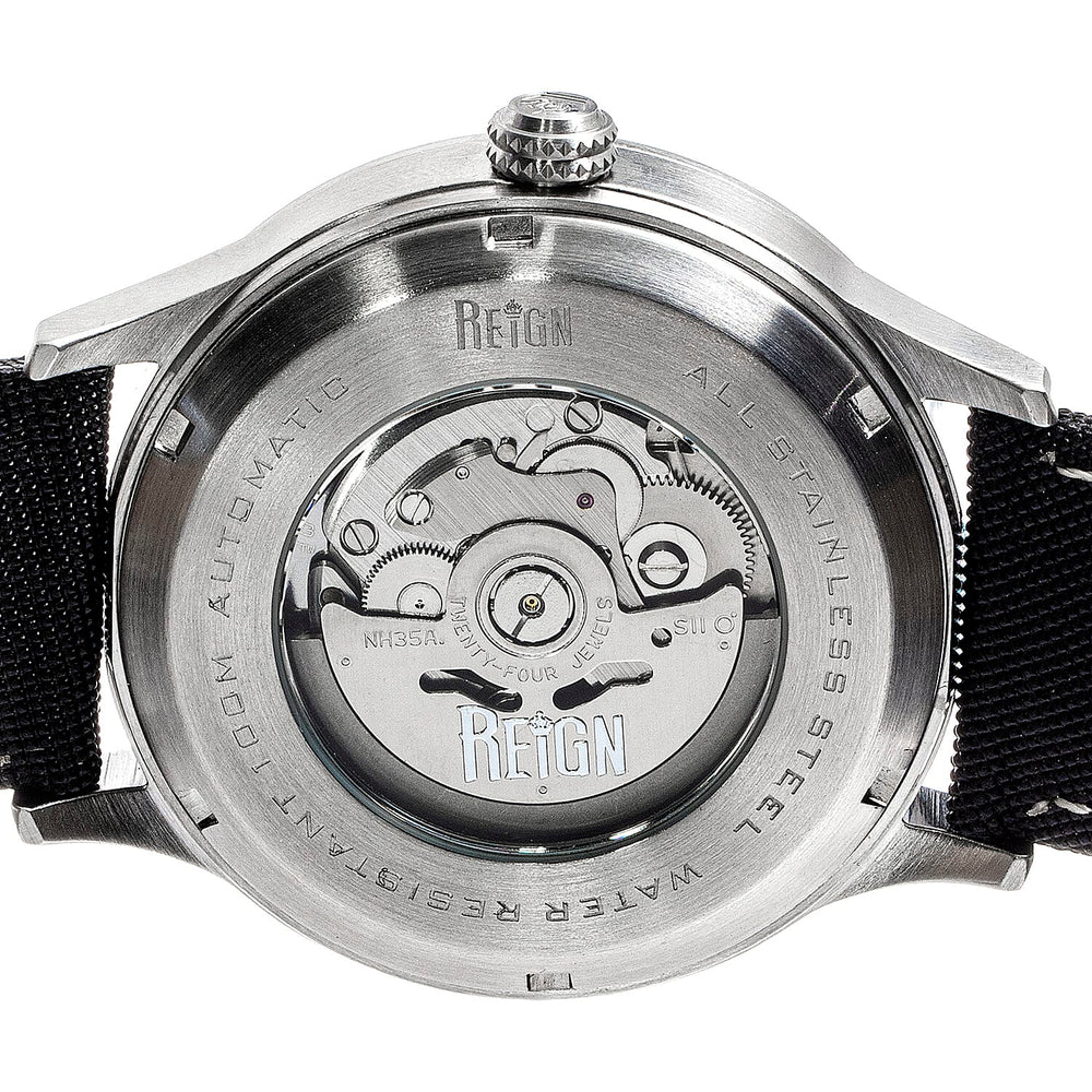Reign Henry Jewels Seiko Automatic Movement Sapphire-Coated Mineral Crystal Silver Dial With Date 10 ATM Water Resistance Watch With Canvas-Overlaid Black Genuine Leather Strap