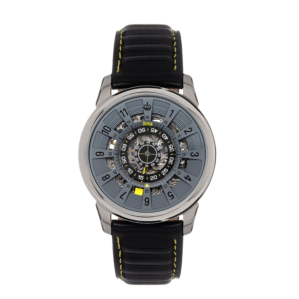 Reign Monterey Jewels Automatic Movement Sapphire-Coated Mineral Crystal Semi-Skeleton Grey Dial 10 ATM Water Resistance Watch With Black Genuine Leather Strap