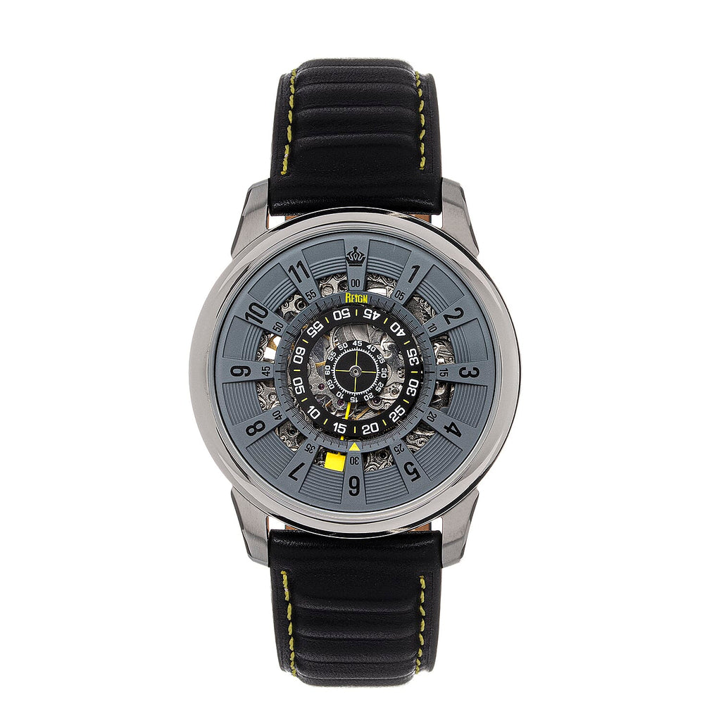 Reign Monterey Jewels Automatic Movement Sapphire-Coated Mineral Crystal Semi-Skeleton Grey Dial 10 ATM Water Resistance Watch With Black Genuine Leather Strap