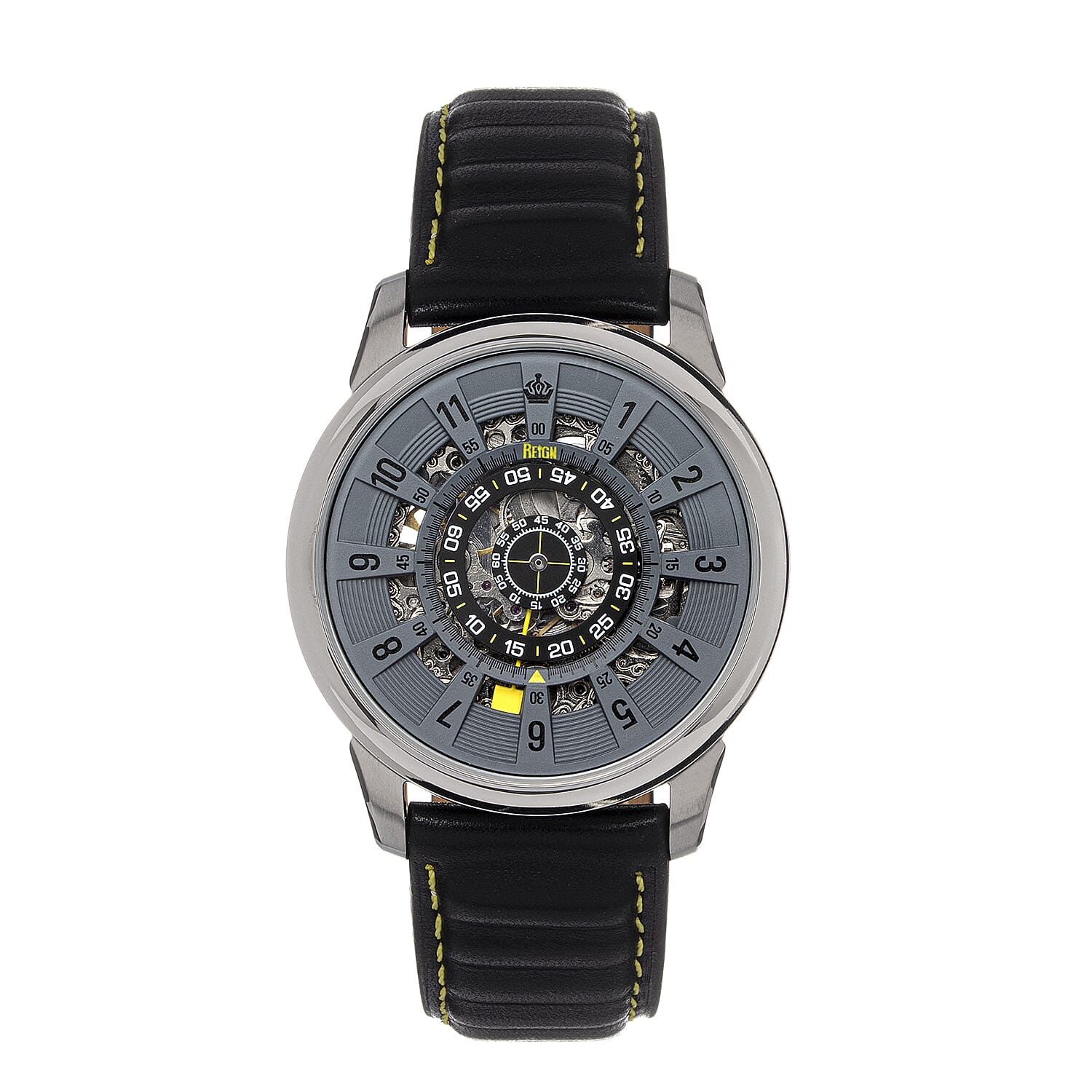 Reign Monterey Jewels Automatic Movement Sapphire-Coated Mineral Crystal Semi-Skeleton Grey Dial 10 ATM Water Resistance Watch With Black Genuine Leather Strap