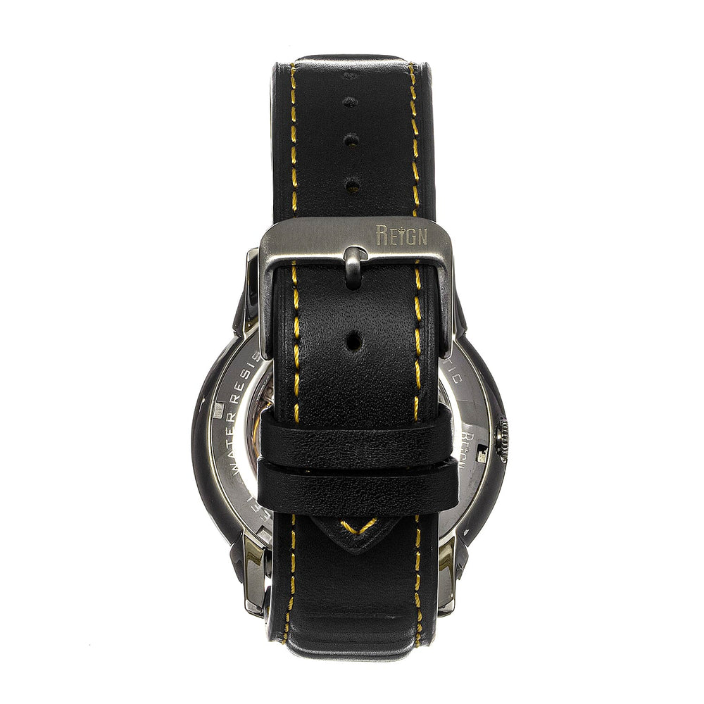 Reign Monterey Jewels Automatic Movement Sapphire-Coated Mineral Crystal Semi-Skeleton Grey Dial 10 ATM Water Resistance Watch With Black Genuine Leather Strap