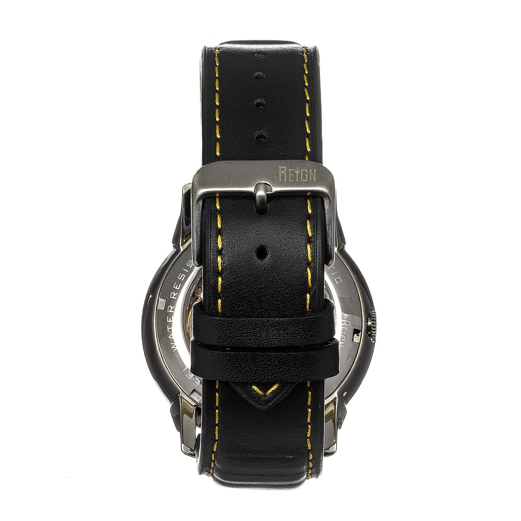Reign Monterey Jewels Automatic Movement Sapphire-Coated Mineral Crystal Semi-Skeleton Grey Dial 10 ATM Water Resistance Watch With Black Genuine Leather Strap