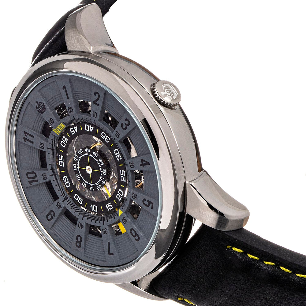 Reign Monterey Jewels Automatic Movement Sapphire-Coated Mineral Crystal Semi-Skeleton Grey Dial 10 ATM Water Resistance Watch With Black Genuine Leather Strap