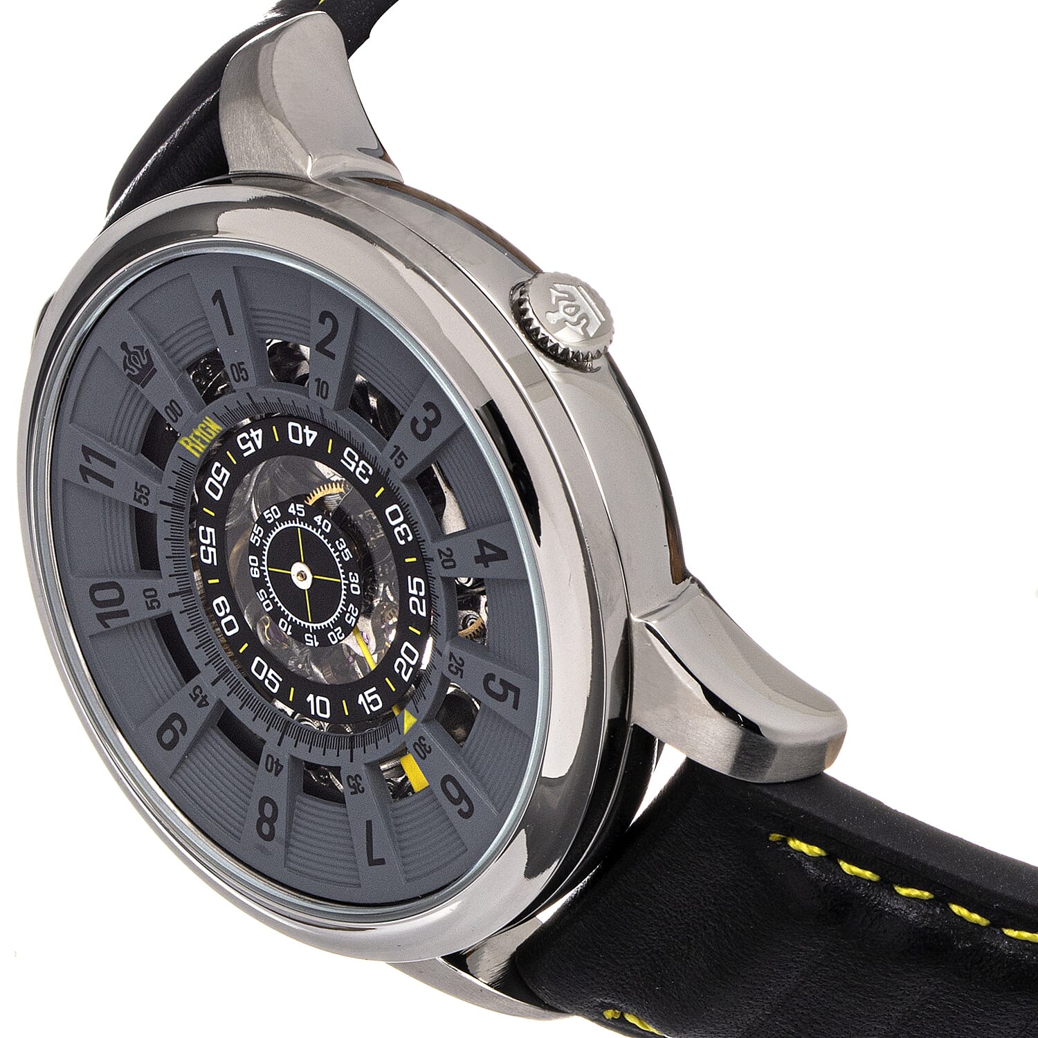 Reign Monterey Jewels Automatic Movement Sapphire-Coated Mineral Crystal Semi-Skeleton Grey Dial 10 ATM Water Resistance Watch With Black Genuine Leather Strap