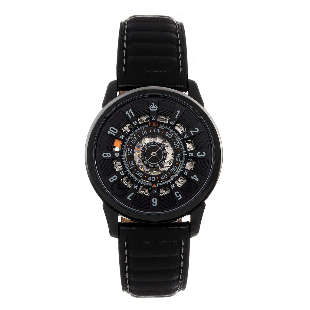 Reign Monterey Jewels Automatic Movement Sapphire-Coated Mineral Crystal Semi-Skeleton Dark Grey Dial 10 ATM Water Resistance Watch With Black Genuine Leather Strap