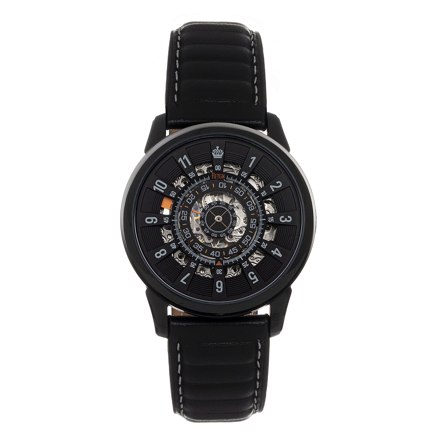 Reign Monterey Jewels Automatic Movement Sapphire-Coated Mineral Crystal Semi-Skeleton Dark Grey Dial 10 ATM Water Resistance Watch With Black Genuine Leather Strap
