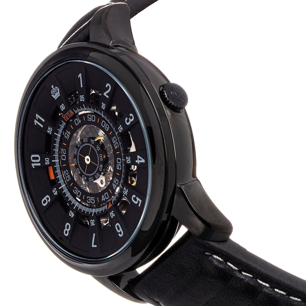 Reign Monterey Jewels Automatic Movement Sapphire-Coated Mineral Crystal Semi-Skeleton Dark Grey Dial 10 ATM Water Resistance Watch With Black Genuine Leather Strap
