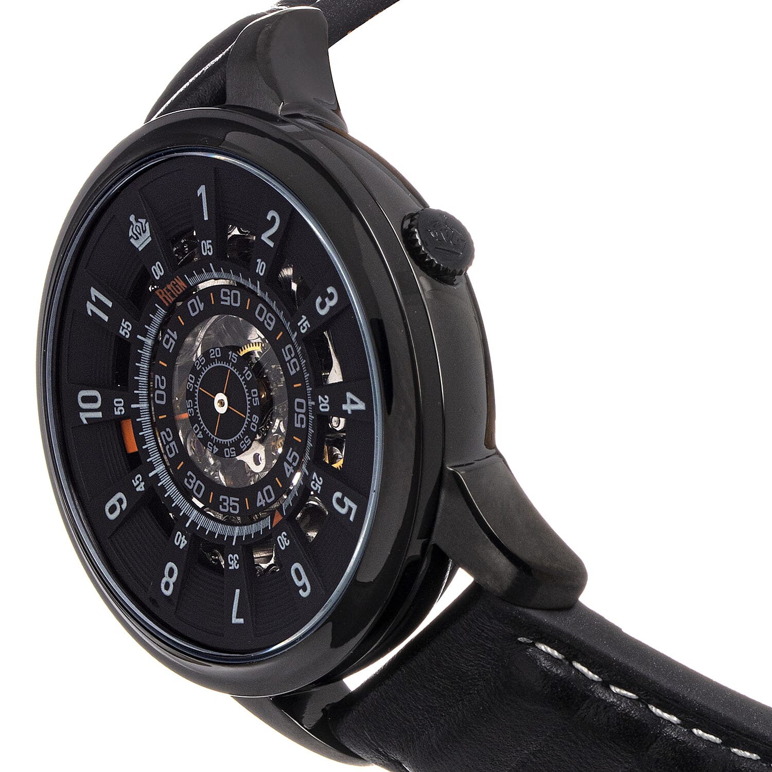 Reign Monterey Jewels Automatic Movement Sapphire-Coated Mineral Crystal Semi-Skeleton Dark Grey Dial 10 ATM Water Resistance Watch With Black Genuine Leather Strap